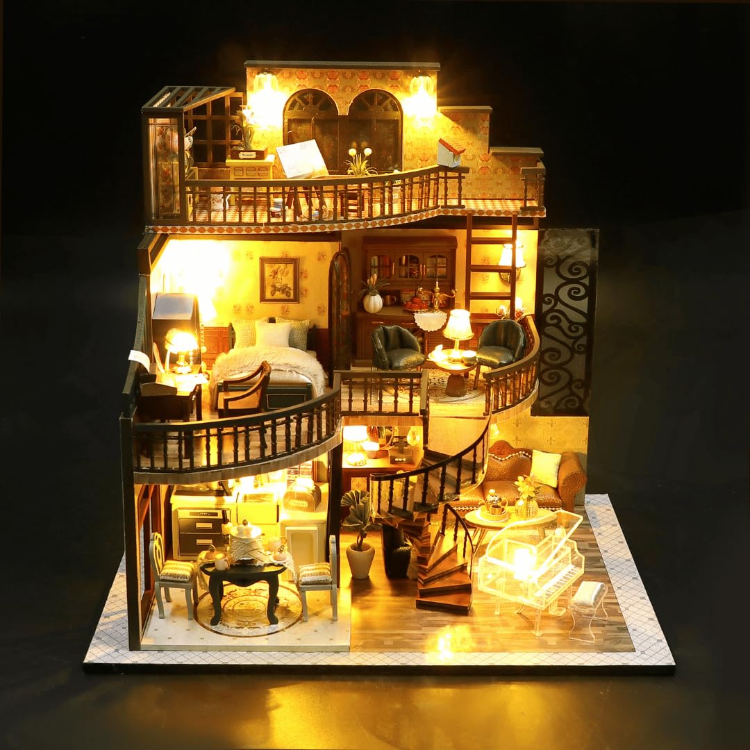 Villa Building Set in miniatura – Legno fai da te modello hobby kit – Villa con luce LED – Decorazione fai da te casa – Regalo per adulti