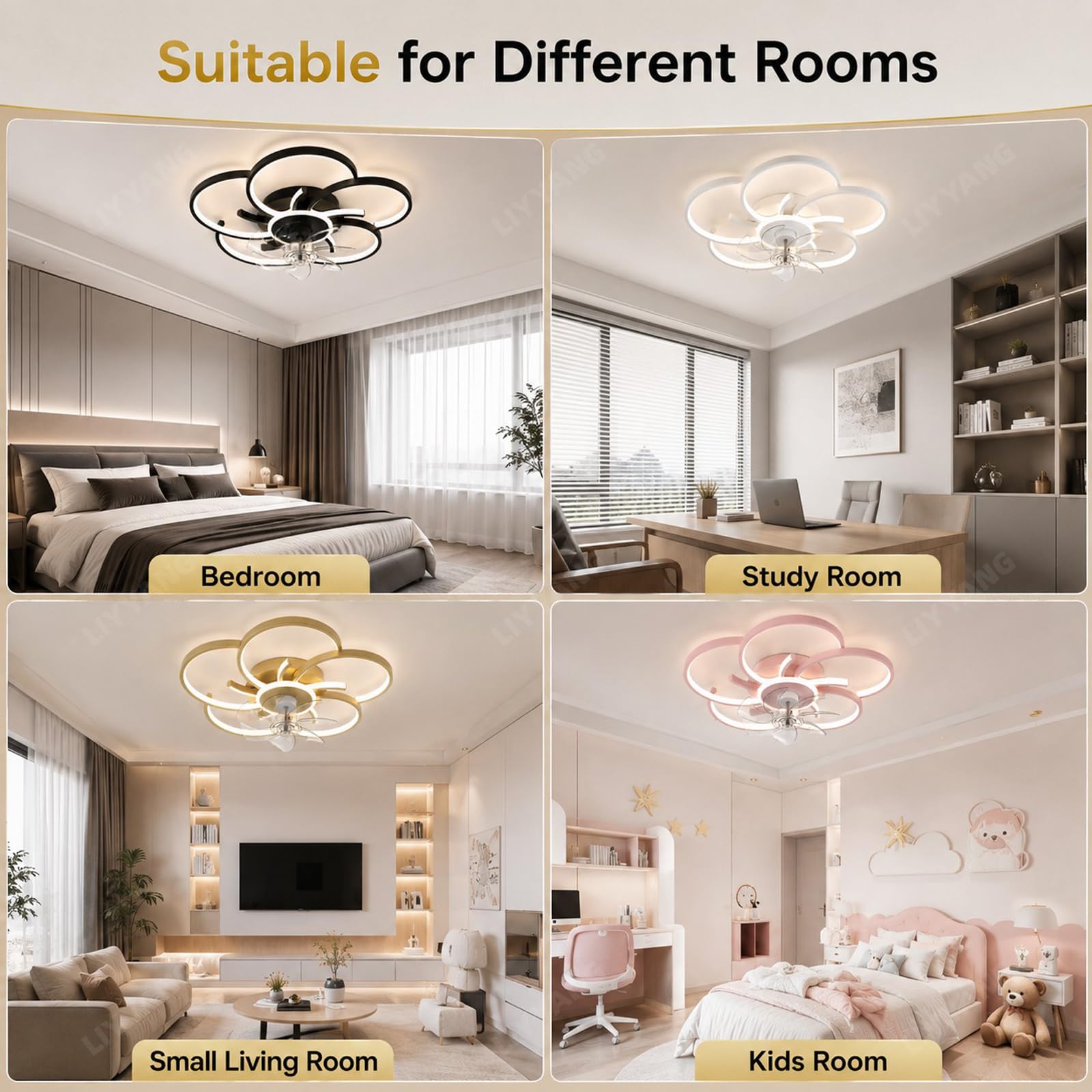 37W Kreis LED Deckenleuchte mit Ventilator, Moderne Dimmbare Deckenventilatoren, 6-Speed Lampe mit Ventilator Mit Fernbedienung App Timer Leiser für Schlafzimmer Esszimmer Büro (Gold)