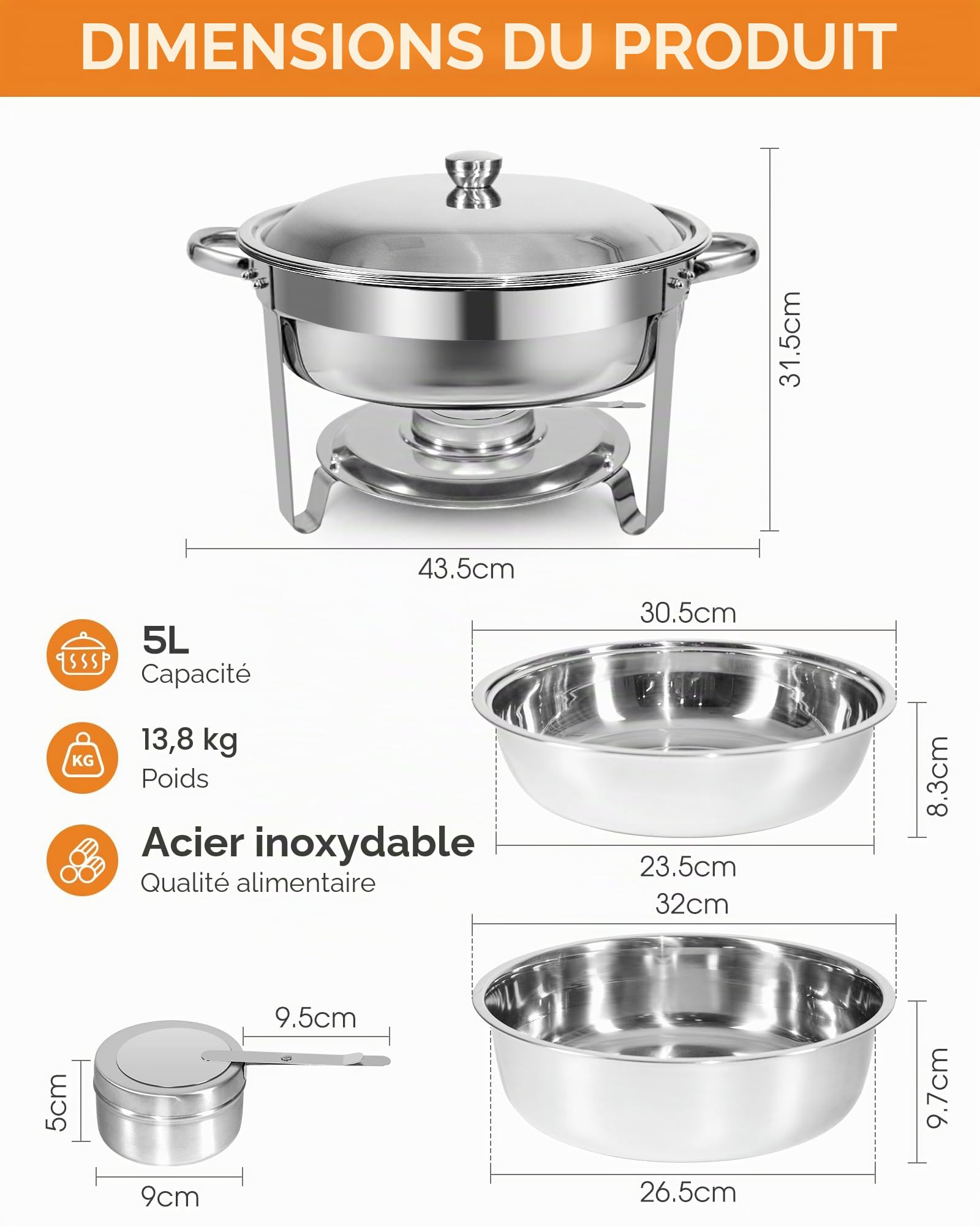 Chafing Dish Buffet Lot de 4 récipients de Conservation au Chaud en Acier Inoxydable - 5 l - Robuste et de qualité supérieure - avec Pinces de Service - Rondes - Argenté