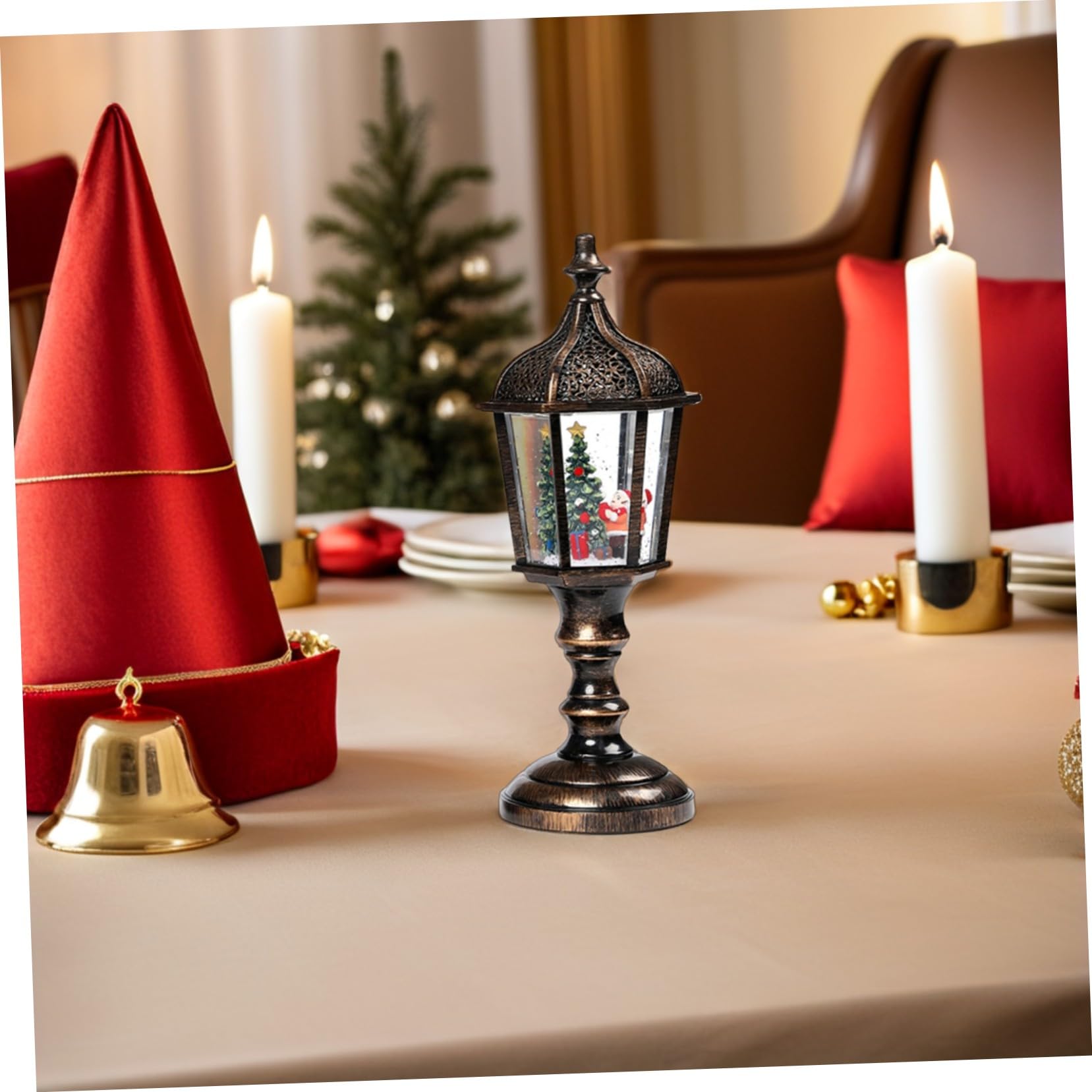 2pezzi Lanterna di Natale Illuminata in Resina Musica Luce Decorativa da Tavolo per Feste Natalizie Opzione Alimentazione USB o Batteria Ornamento da Tavolo Luminoso per Casa