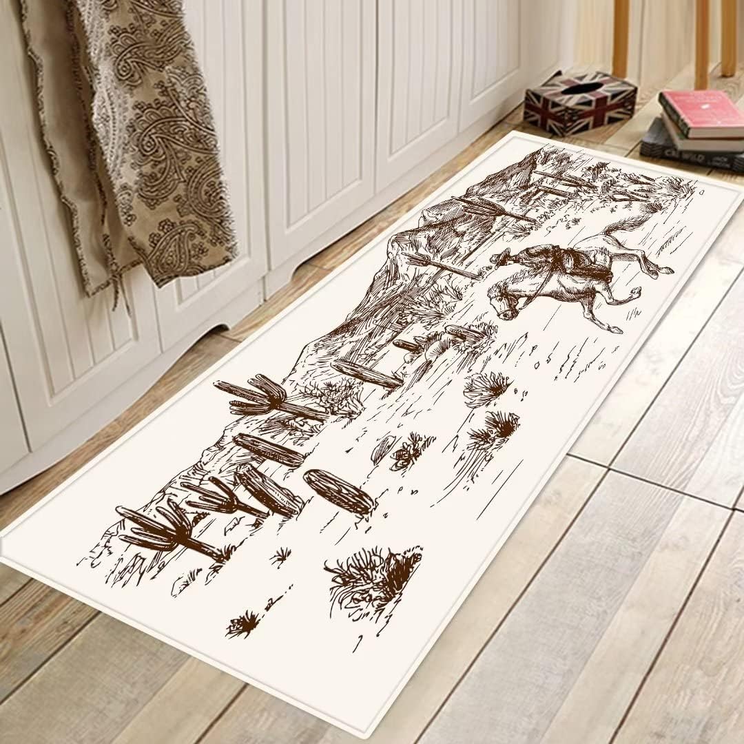 Kitchen Rug Set Western Country Theme of American Wild West Desert Cowboy Comfort Standing Mat Chef Floor Mats Washable Doormat Anti Fatigue Non-Slip Kitchen Runner Rugs Bedroom Area Carpet