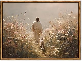 Jesus Leaves the 99 Sheep Wall Art, Christian Jesus and Lamb Pictures Wall Decor Paintings, The Lost Sheep Canvas Prints Religious Home Decor Living Room Bedroom Church Wood Framed 12x16 inch