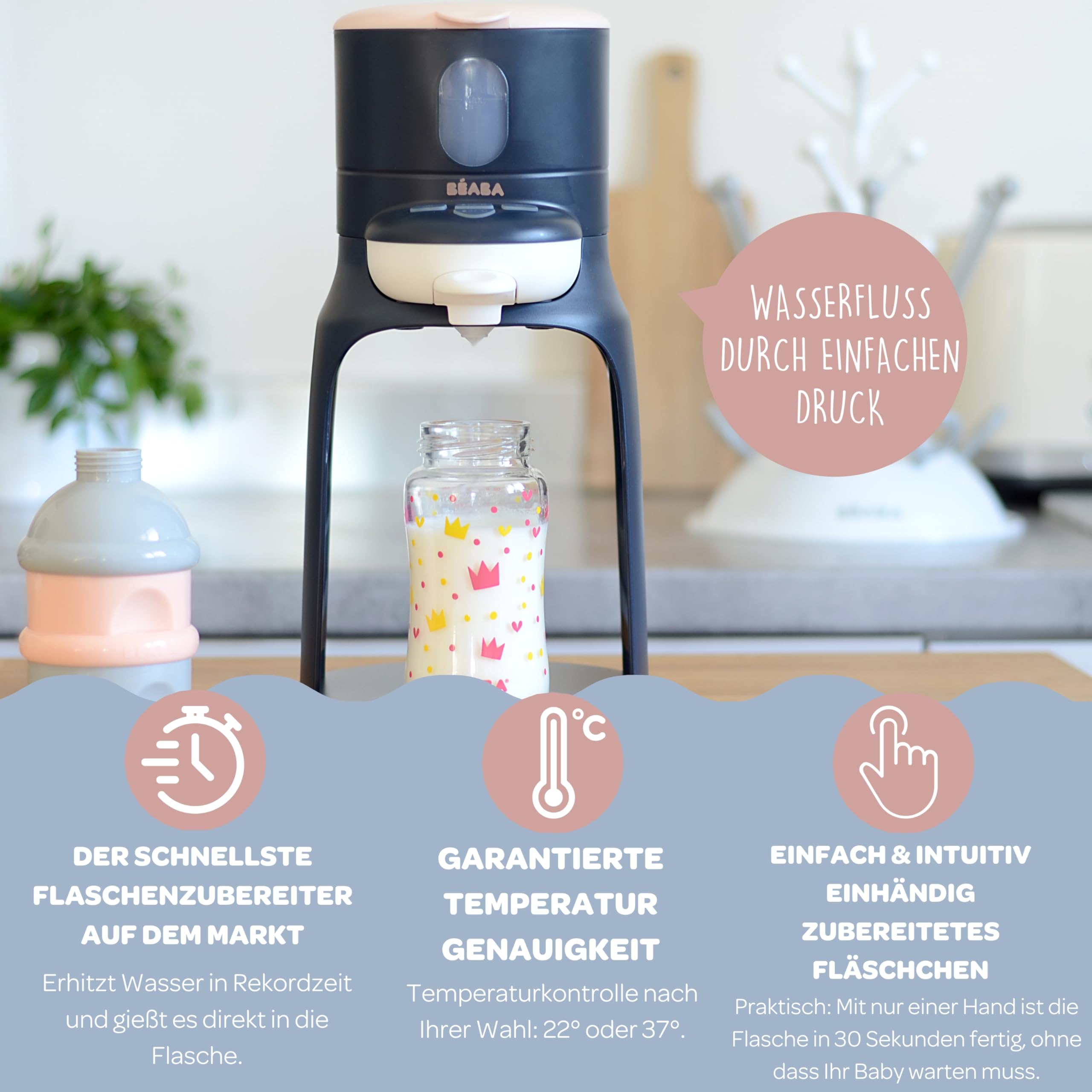 BÉABA, Flaschenbereiter/Wärmer Kleine Töpfe, Wasserspender mit exakter Temperatur, sofort, schnell, Bain Marie-Funktion, 2 Temperaturen, abnehmbarer Flaschenwärmer, Bib'Espresso, Dunkelblau