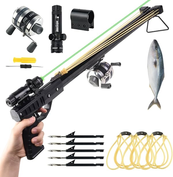 Resortera de pesca, catapulta profesional de tiro con caña para adultos, con rueda de pesca metálica, dardo para peces y banda elástica