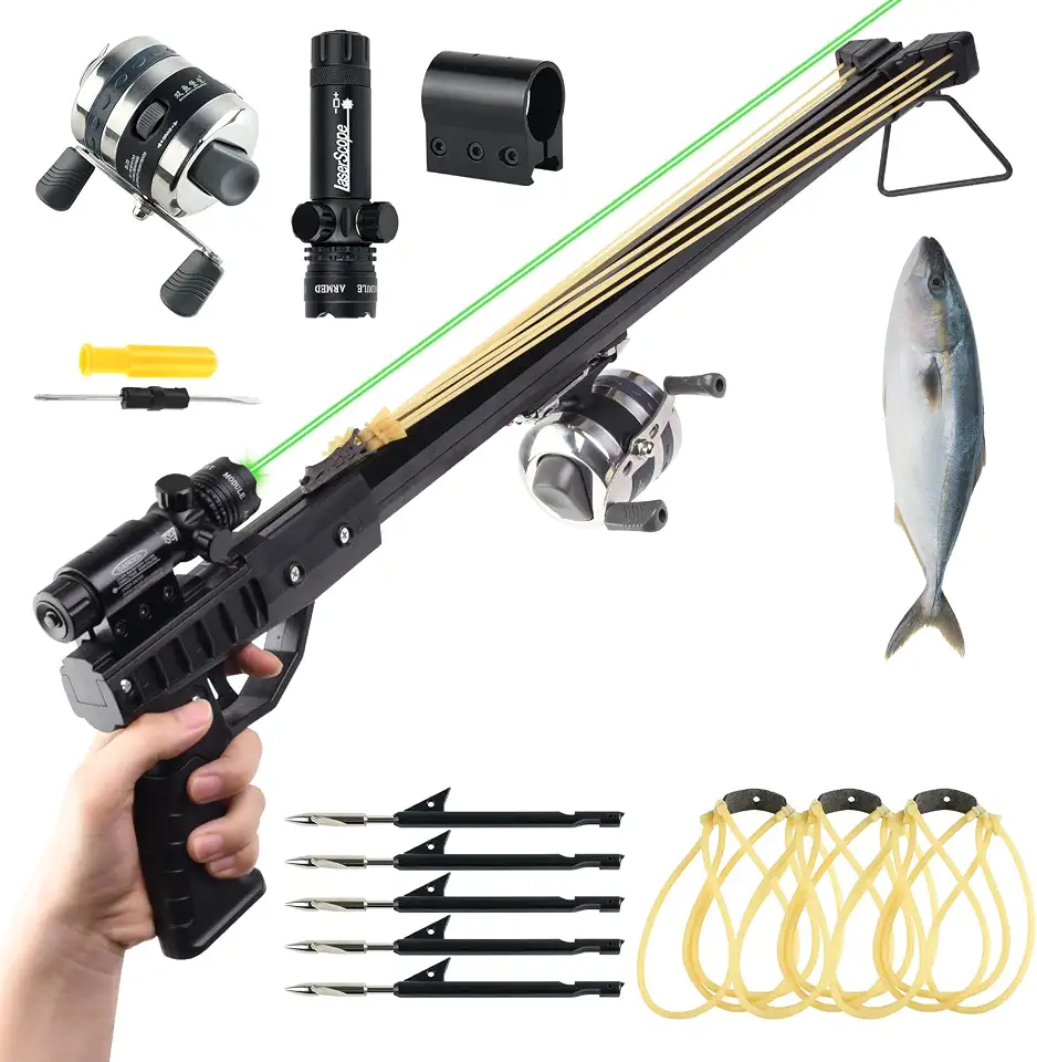 Estilingue de Pesca, Catapulta Profissional para Adultos com Vara de Pesca, com Roda de Metal, Dardo para Peixes e Elástico.