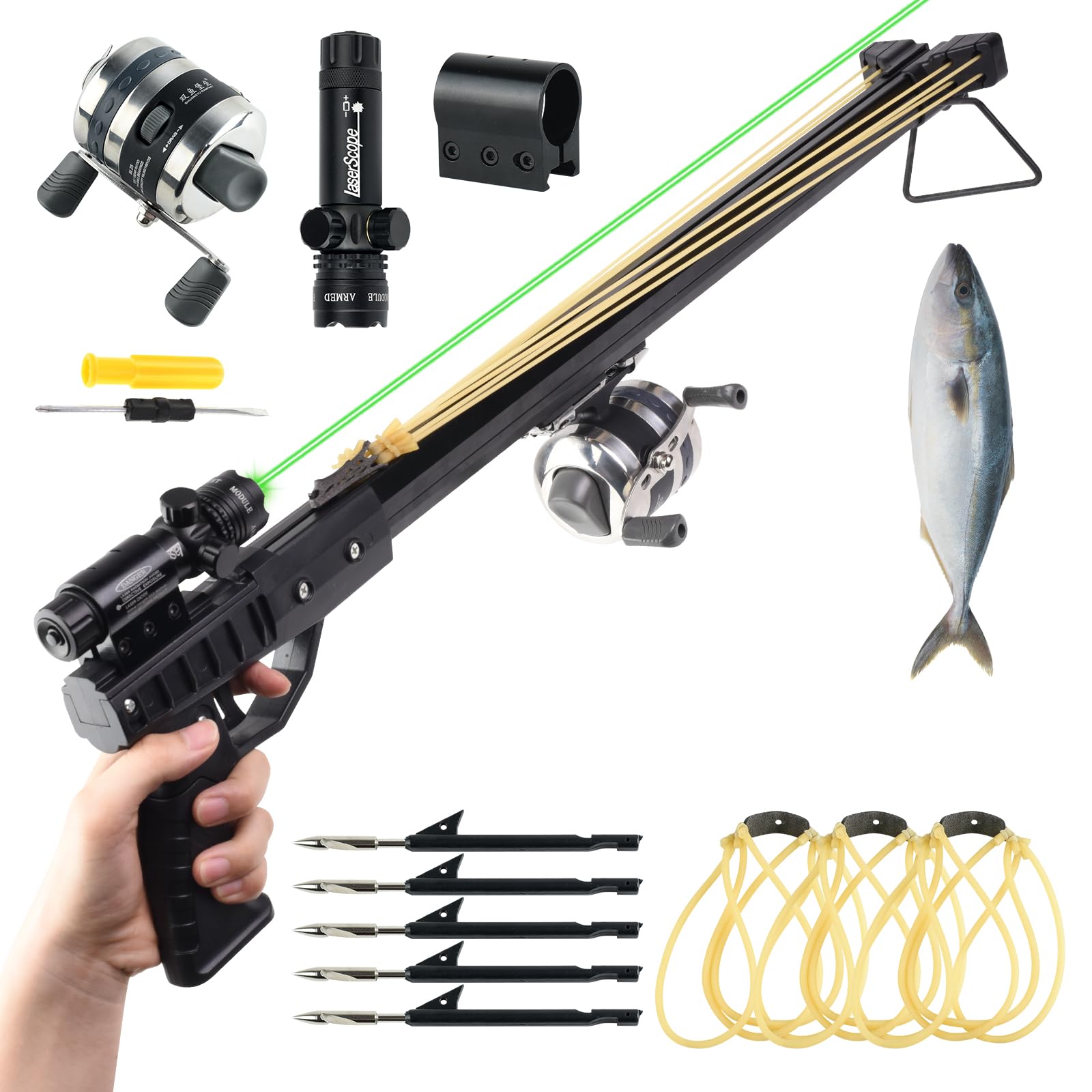 Catch&Hunt Fishing Slingshot, Professional Pole Shooting Catapult for Adults，with Metal Fishing Wheel, Fish Dart, Rubber Band