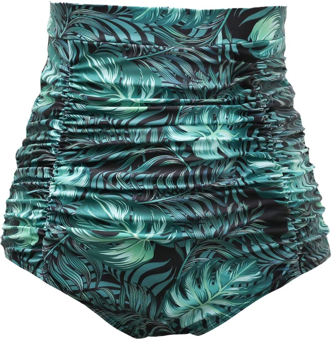 Women's Ruched High Waisted Bikini Bottom Retro Vintage Swim Short Tankinis, Floral 96, Large-image-47