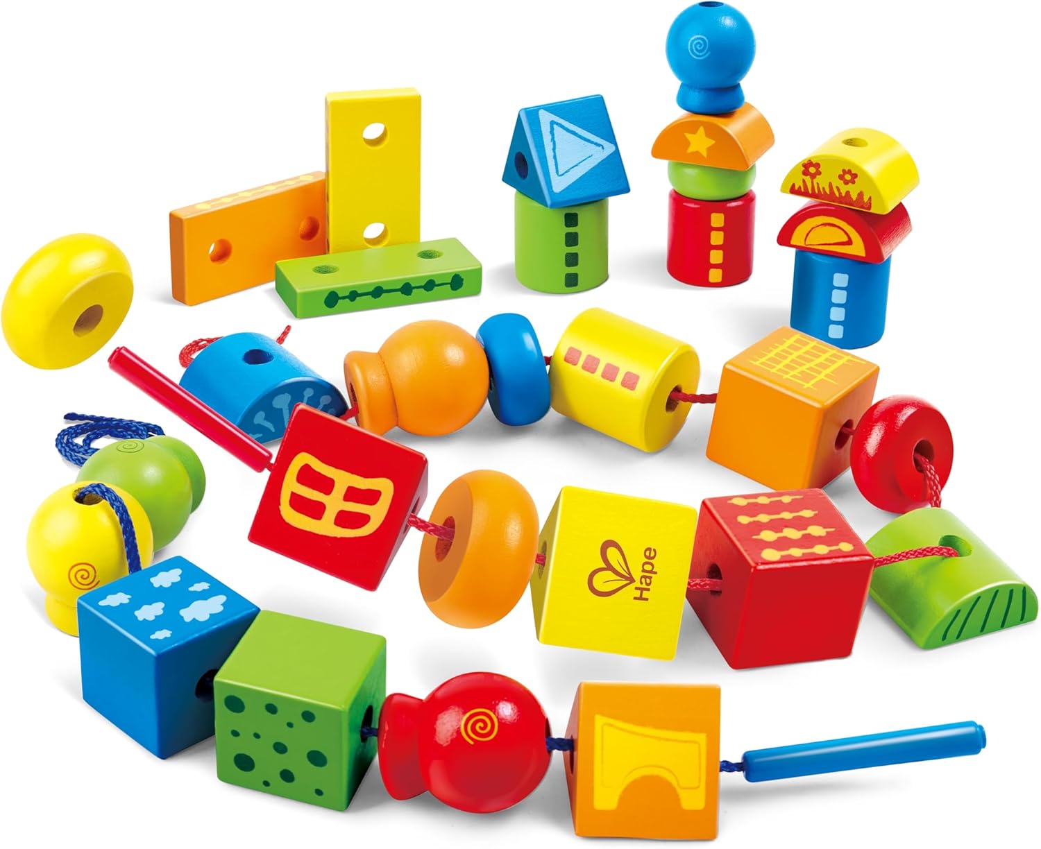 Hape String Shapes Wooden Toy Blocks in 32 Pieces, 3+ Years, Water Based Paint, String