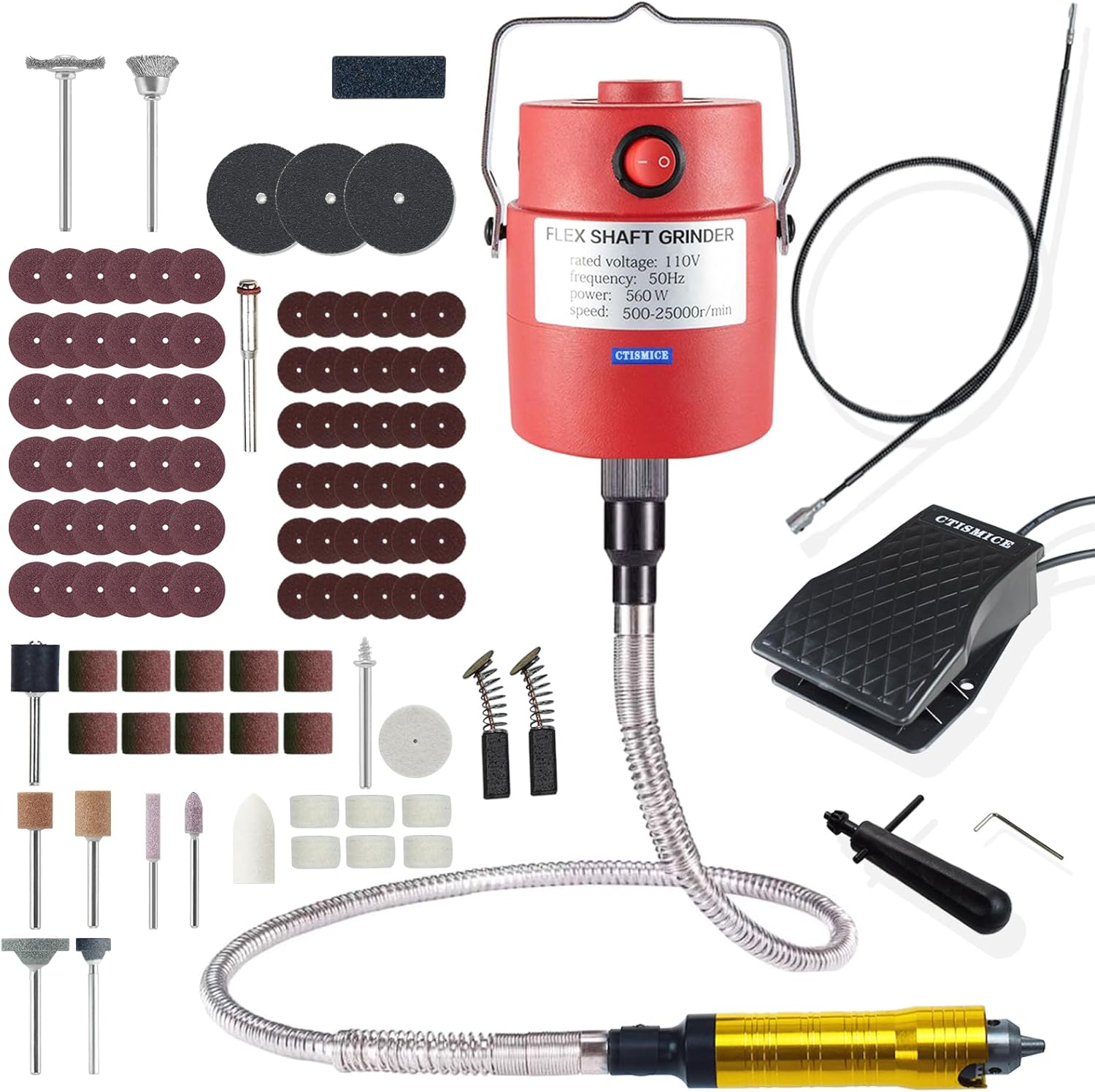 560W Flex Shaft Grinder Electric Rotary Tool, 500-25000RPM Flexible Shaft Machine Sets with Variable Speed Foot Switch and 110pcs Accessories for Grinding Polishing Sanding Deburring Cutting 560W Grinder