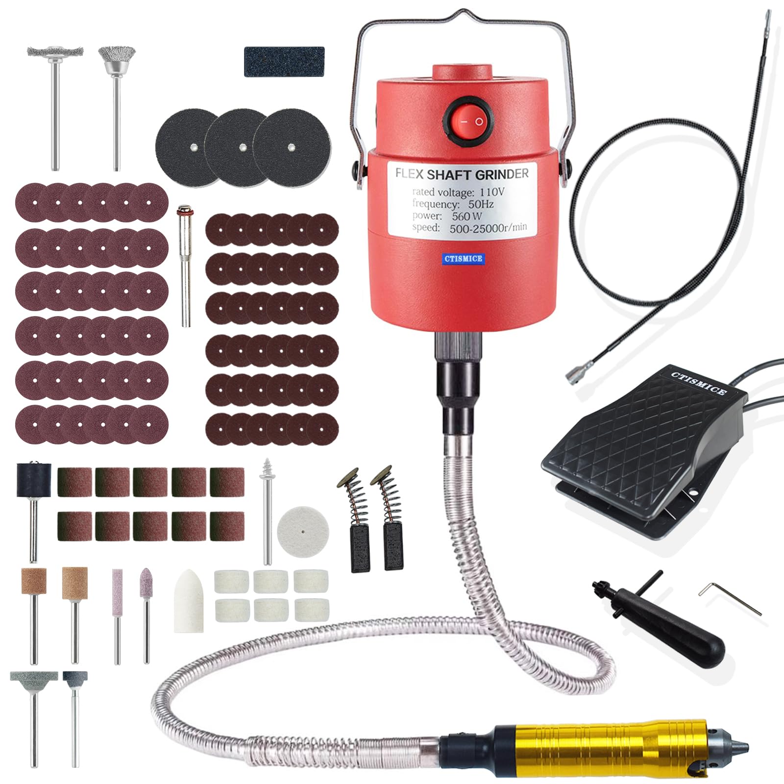 Herramienta giratoria eléctrica para amoladora de eje flexible de 560 W, juego de amoladora de eje flexible de 500-25000 rpm con interruptor de pie con velocidad variable y 110 accesorios