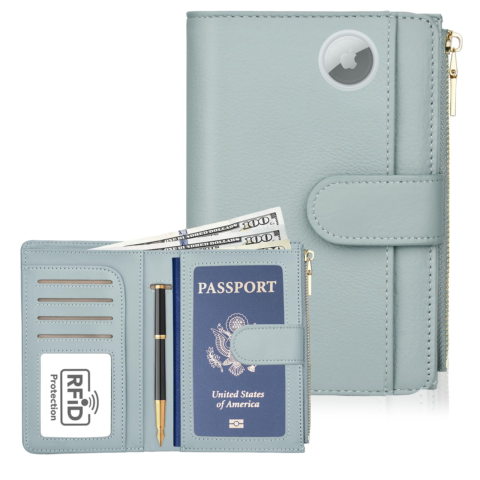 Porta passaporto da viaggio, portafoglio in pelle per passaporto con slot Airtag, portafoglio da viaggio con blocco RFID, per donne e uomini, custodia per passaporto con tasca per biglietti aerei