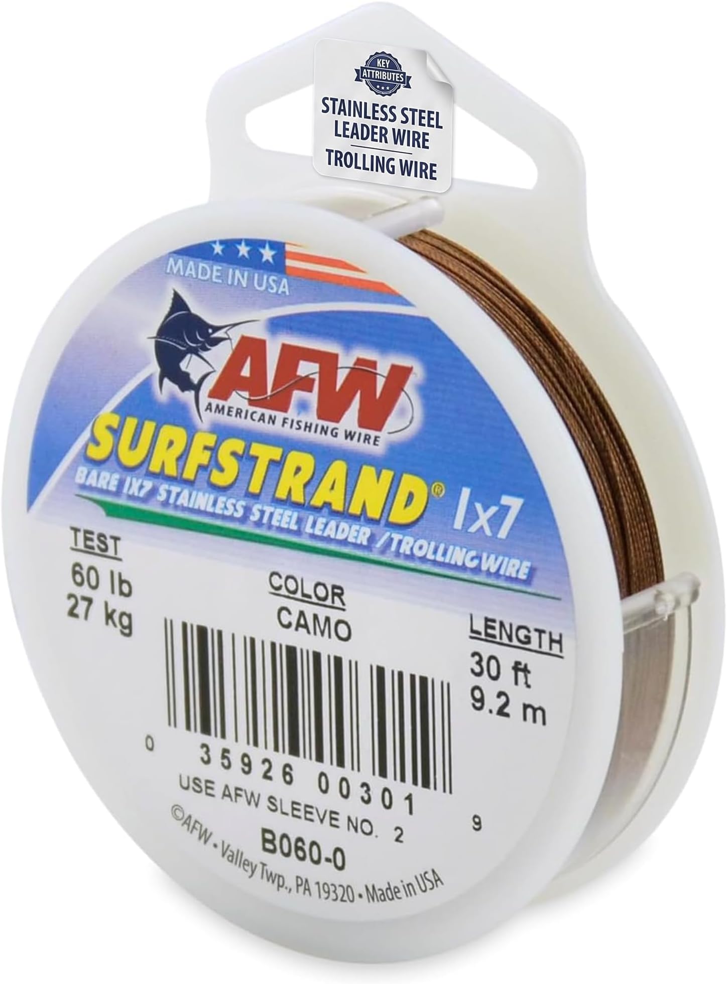 Surfstrand Bare 1x7 Stainless Steel Leader Wire, Camo Brown Color, 60 Pound Test, 30-Feet
