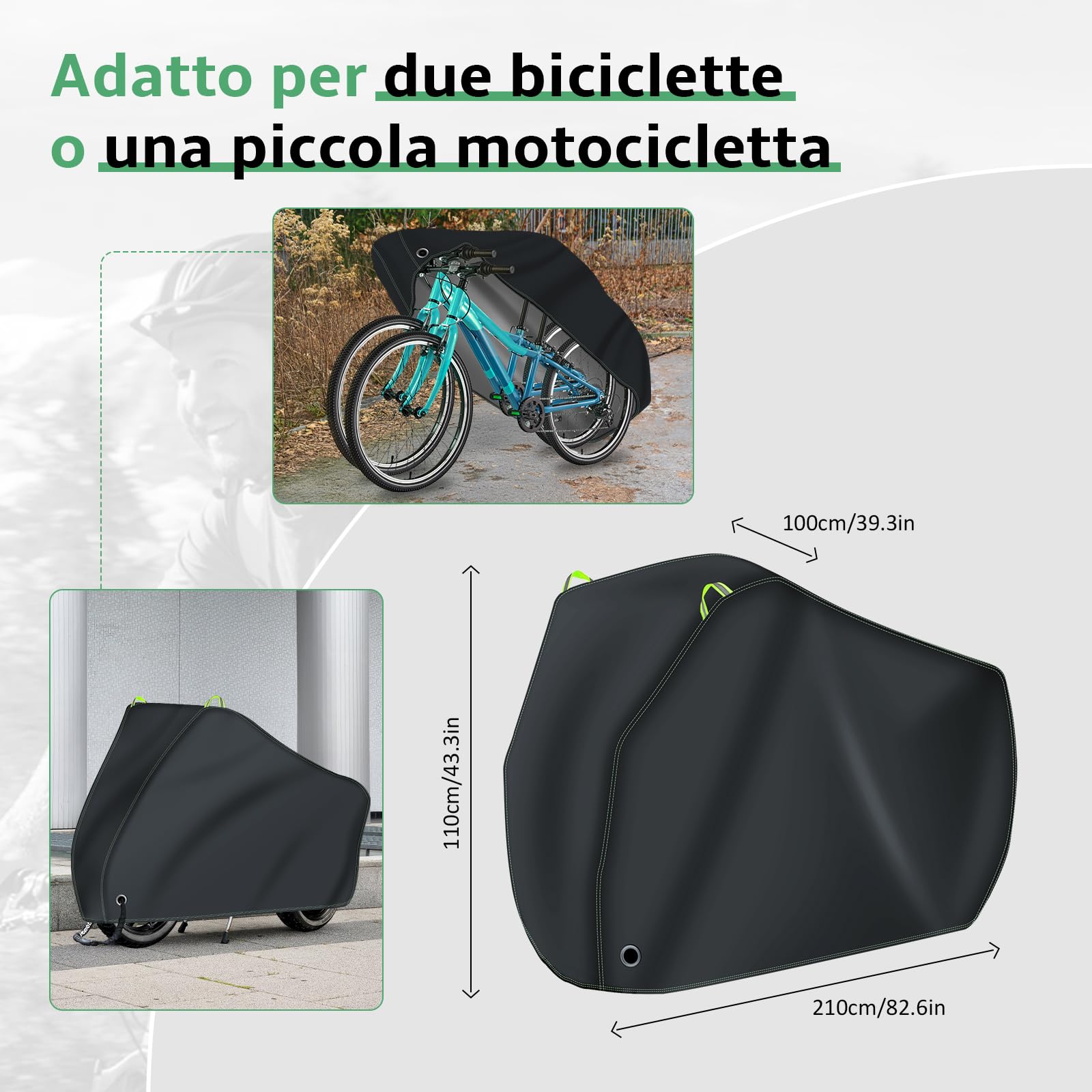 Telo copribici impermeabile in tessuto Oxford 500D per rimessaggio bici all'aperto 210 x 110 x 100 cm Protezione universale per bici, scooter, moto, bici elettriche
