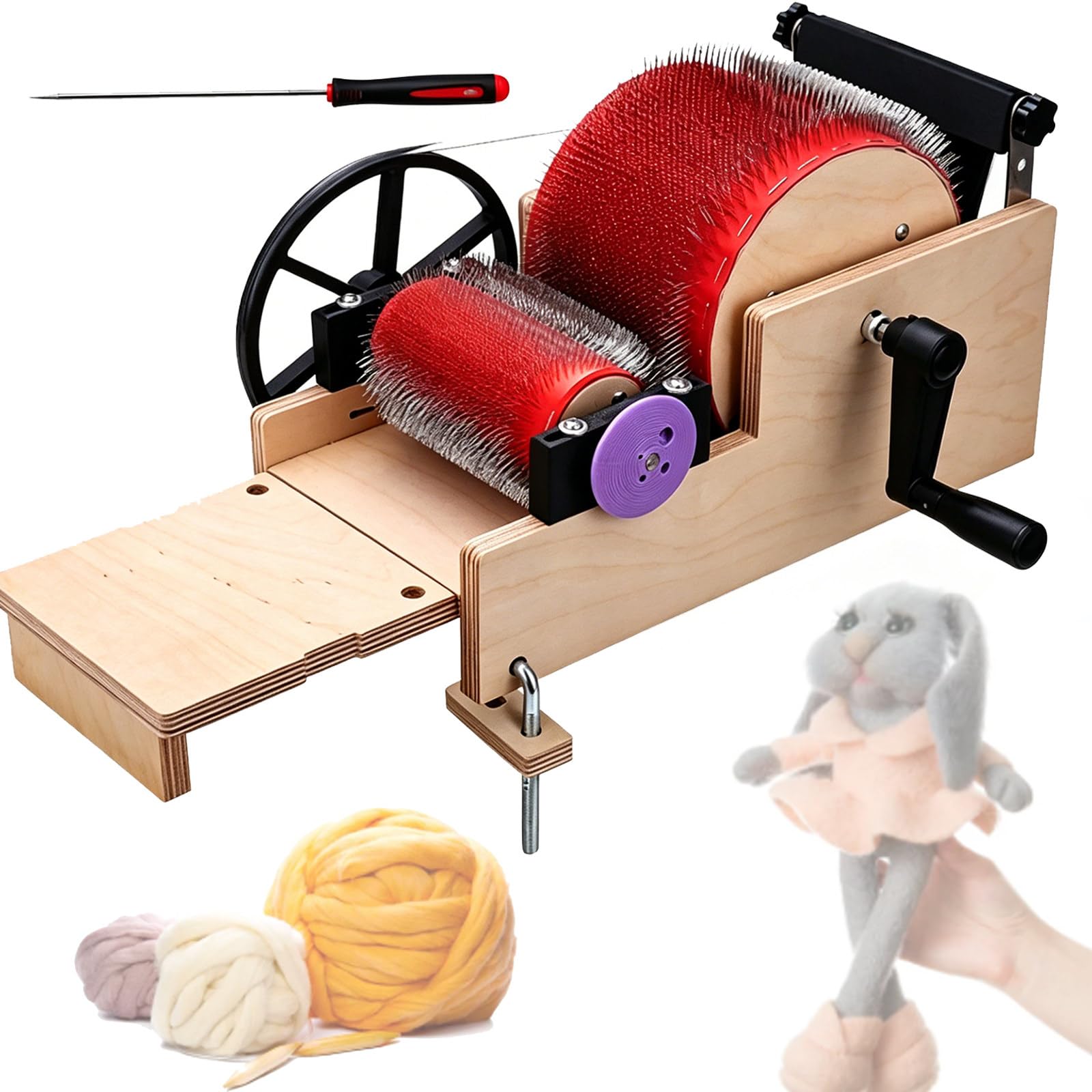 Osnzyc Wooden Wool Colour Mixing Board, Manual Drum Carder for Wool Felt, Quick Color Mixing, Combing and Spinning, for DIY Wool Felt 14cm