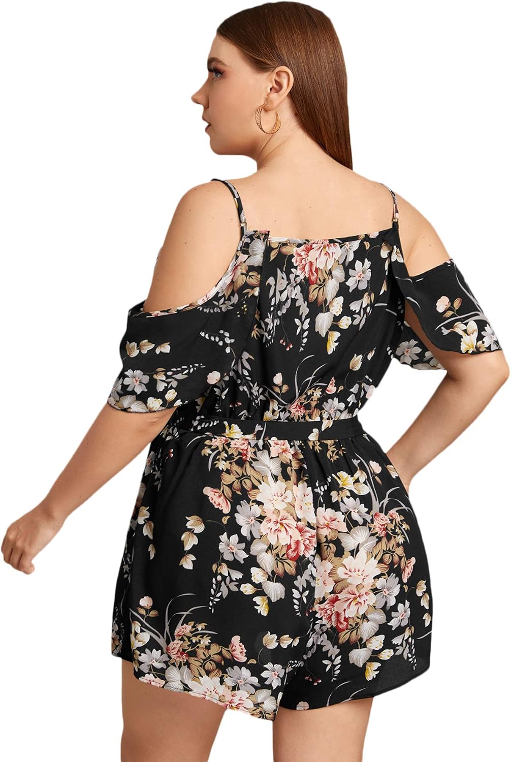 Romwe Women's Plus Floral Summer Boho Deep V Neck Short Sleeve Romper Jumpsuit Playsuit