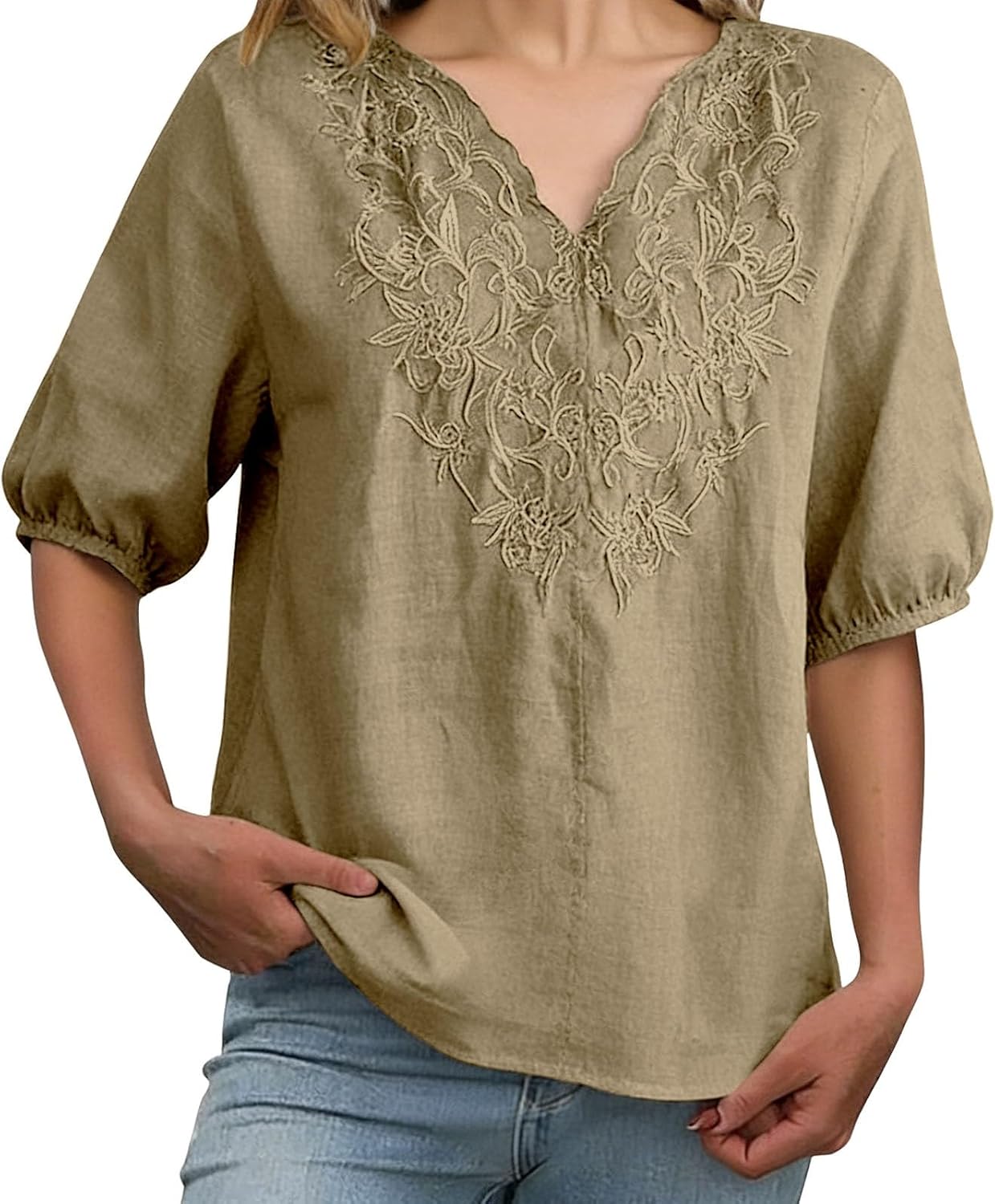 Women's Cotton Linen Button Short Sleeve Shirts Summer Loose V Neck Casual Boho Top Vintage Embroidered Blouse Tops