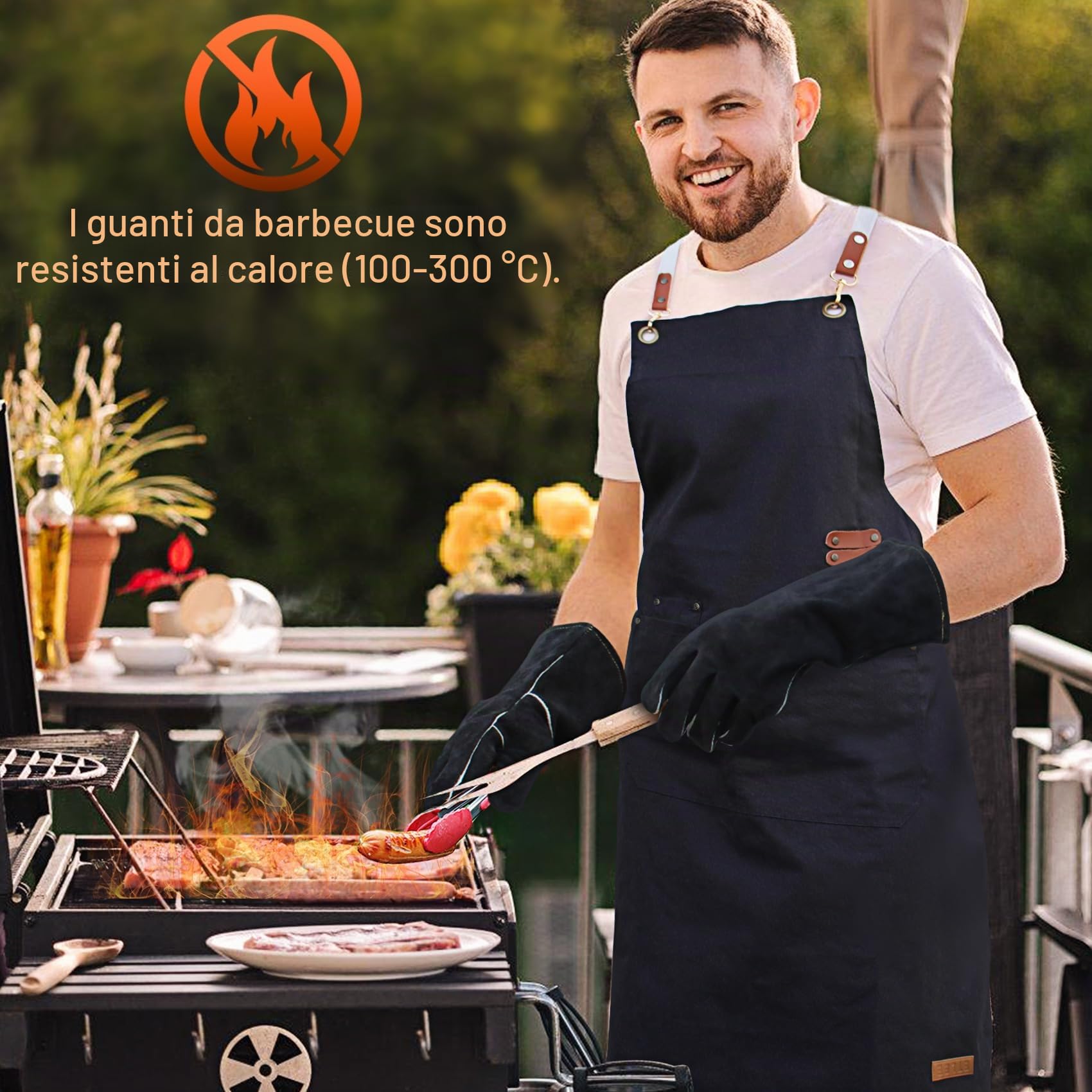 Grembiule regolabile con pratiche tasche e guanti da barbecue resistenti al calore, set ideale per barbecue e cucina, grembiule da cucina nero per uomini e donne