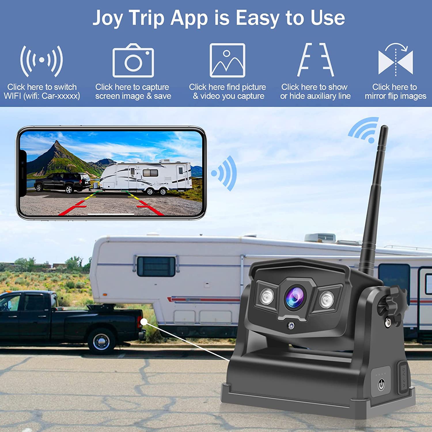 Cámara trasera inalámbrica, cámara frontal WiFi recargable para remolque/quinta ruedas/caravanas