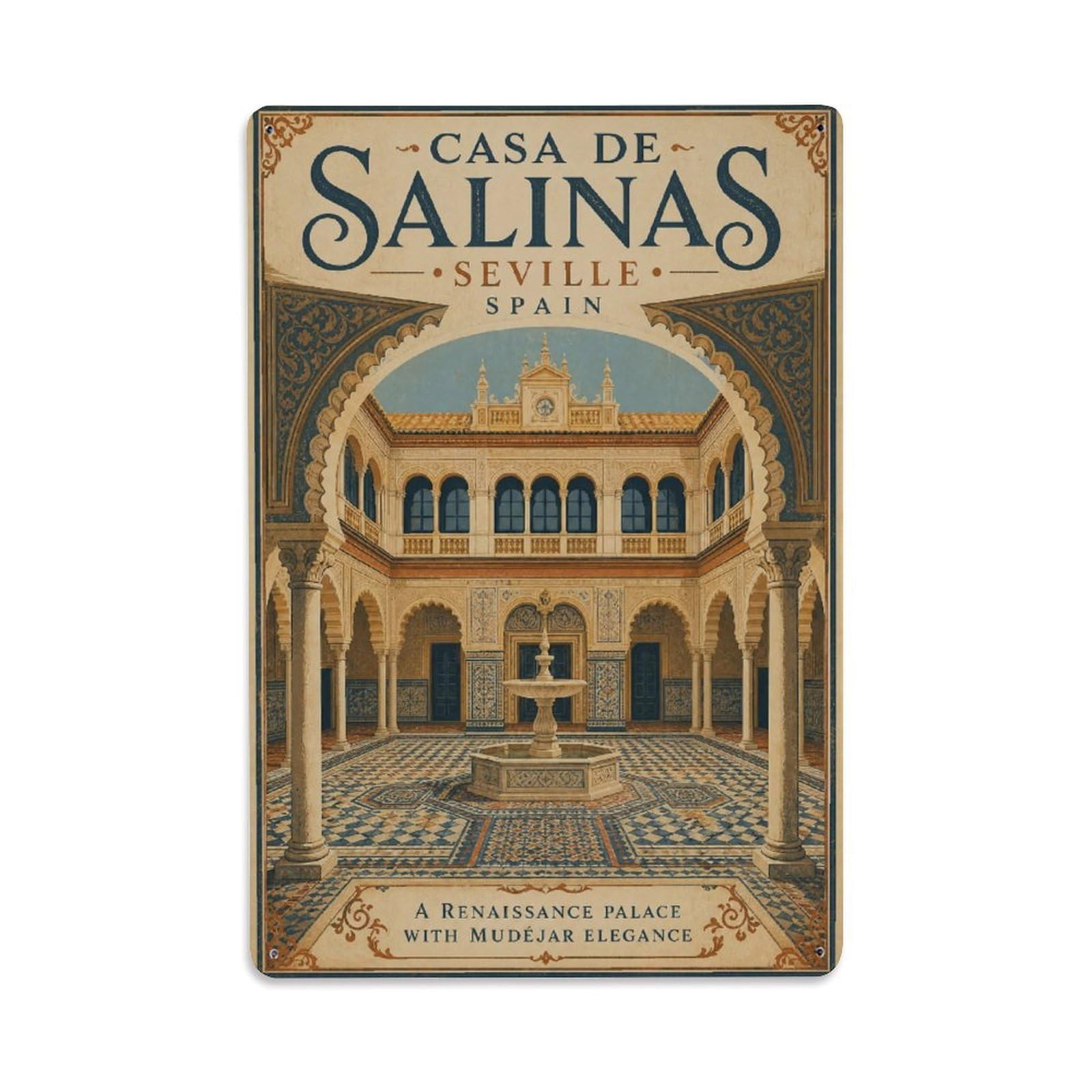Huiyhb 8X12inch(20X30cm) Vintage Travel Casa Salinas Seville Palace Courtyard Metal Tin Sign