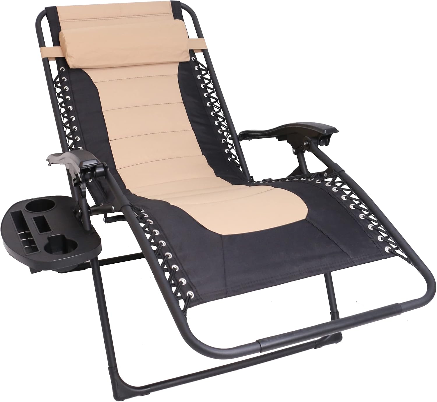 BTEXPERT Set of 2, Oversized Padded Zero Gravity Chair Folding Recliner Chaise Lounge Outdoor Garden Utility XL Anti-Gravity Lounger, Side Tray Cup Holder, Headrest Pillow (2 Tan Black) (5196-2)