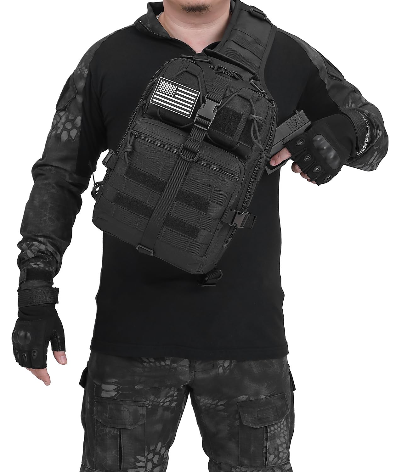 Mochila táctica cruzada bandolera Militray bolsa de hombro para hombres, paquete de pecho senderismo mochila 15L, Negro con funda, Mochilas Sling 6