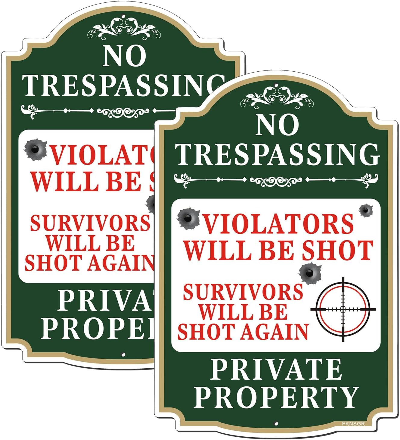No Trespassing Violators Will Be Shot Sign 2 Pack, 12 x 8 inch Rust Free Aluminum Private Property Warning Sign, UV Protected, Fade Resistant