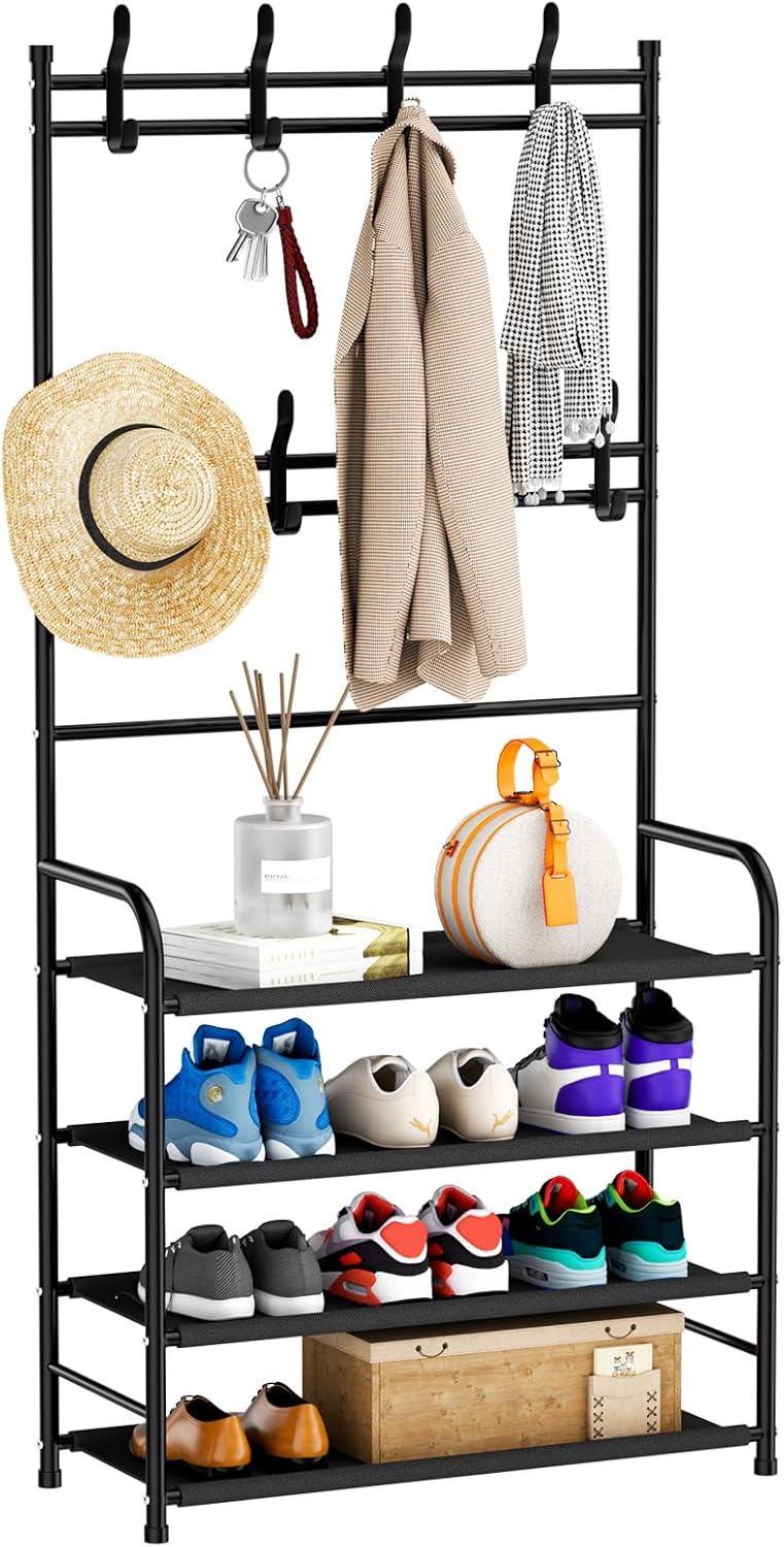 darsun Entryway Coat Rack, Shoe Rack for Entryway, Coat Rack Freestanding with 4-Tier Storage Shelves and 8 Double Hooks, for Living Room, Bathroom, Hallway, 60CM/21.6 IN