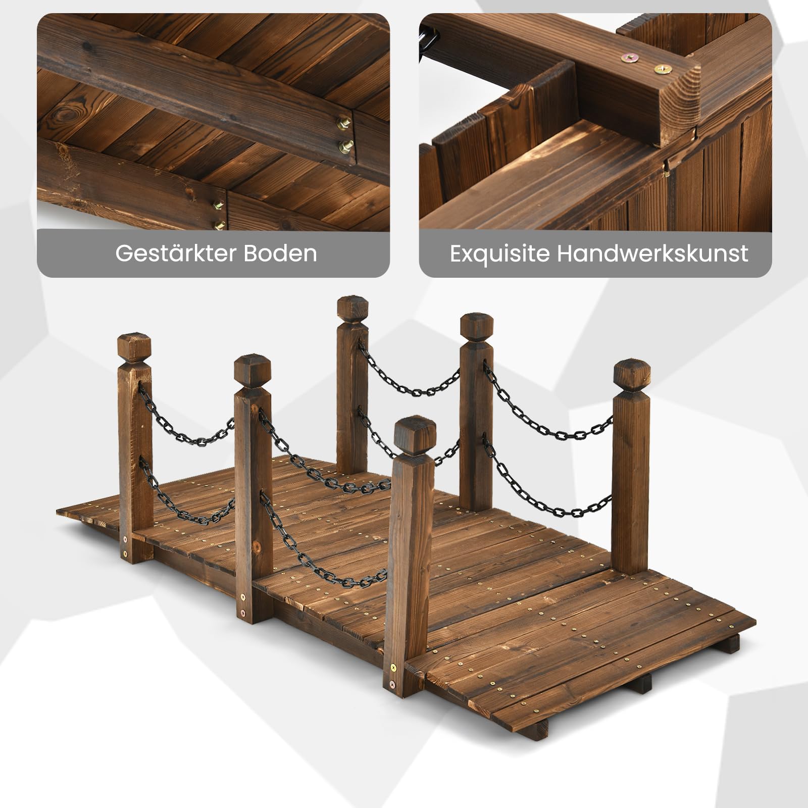 GOPLUS Puente de madera de abeto, 150 x 67 cm x 55 cm, puente para estanque soporta hasta 180 kg, puente de jardín con barandillas y cadenas, puente para jardín, parque, patio trasero