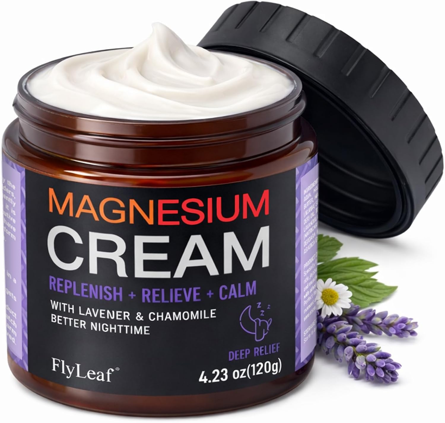 Magnesium Cream for Sleep, Leg Cramps & Muscle Soreness, Topical Magnesium Chloride Cream with Lavender & Chamomile, Nighttime Body Lotion for Calm and Relaxation, 4.23 Ounces