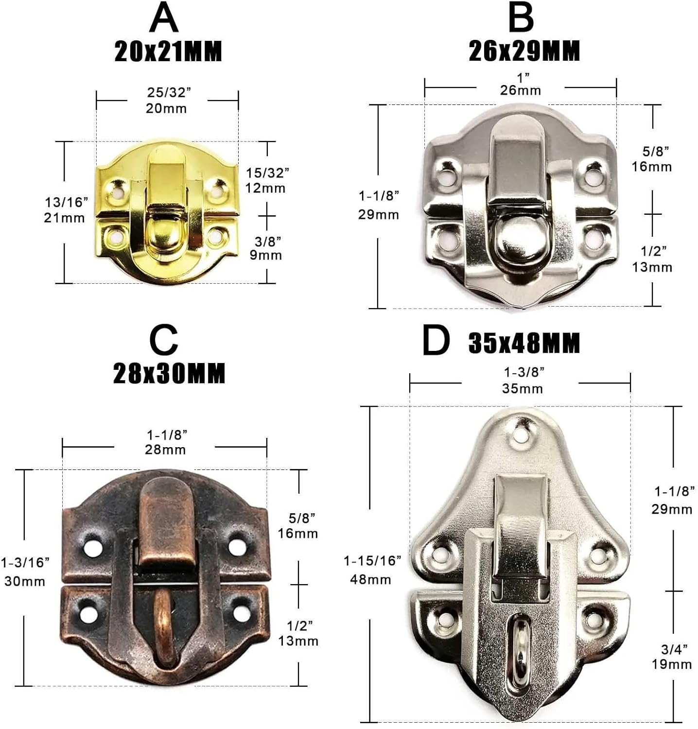Decorative Iron Jewelry Chest Gift Wine Box Wooden Case Hasp Latch Toggle Clasp Can Hold Lock Lockable with Screws 4 Color Type 1Pcs(D Silver 35x48mm)