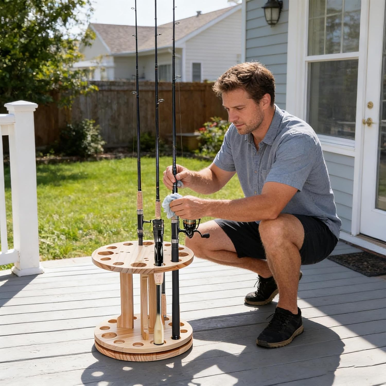 Rotating Fishing Rods Rack - 360 Degree Rotating Wood Pole Holder | 27cm/10.6in Fishing Gear Equipment Storage Organizer | For Men Women Shed Boat Truck Kayak Dock Beach Travel Room