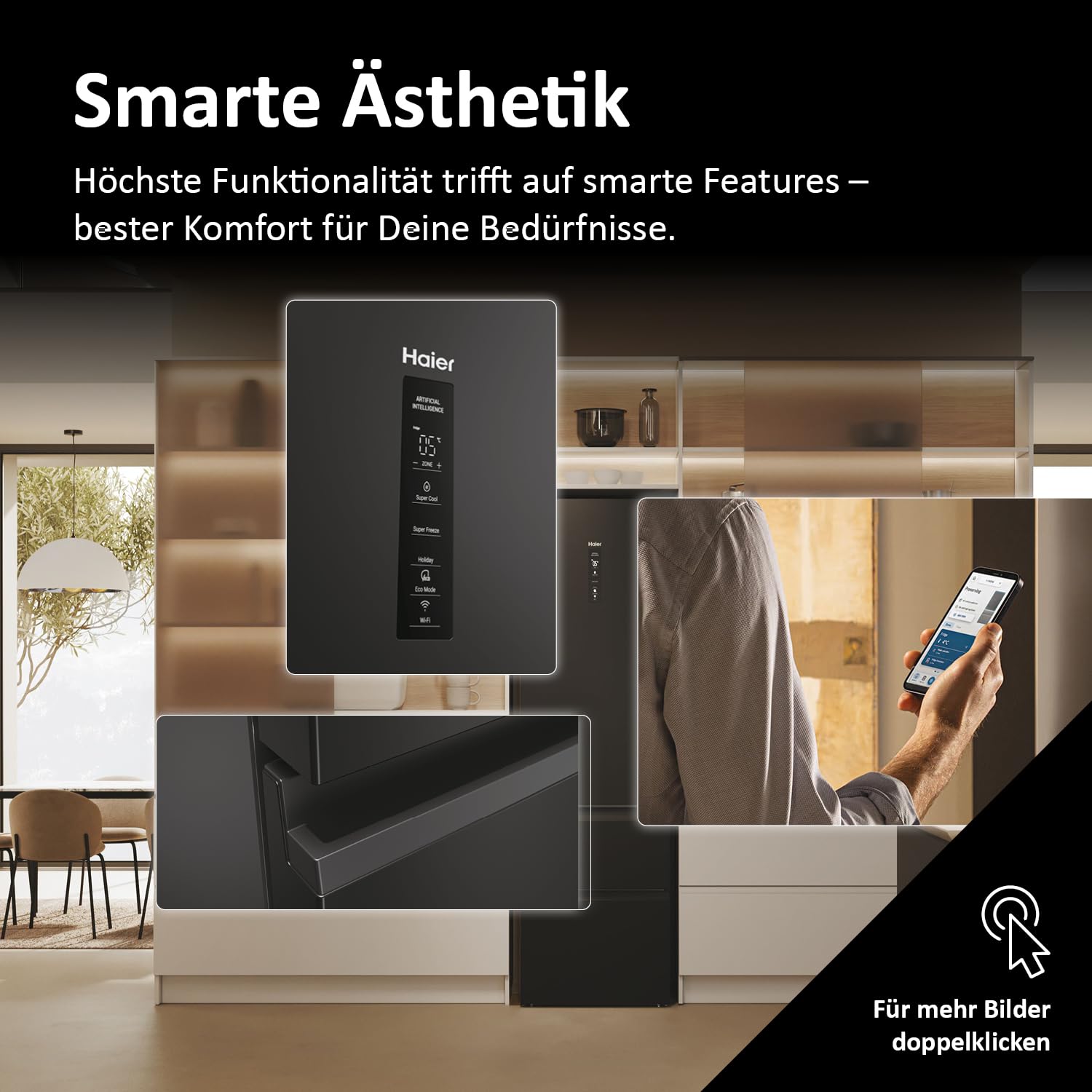Haier Kühl-Gefrierkombination 3D 60 Serie 5 HTW5620DNPT | 2,05m, No Frost, Ergonomische Gefrierschubladen, Mit Gefrierfach freistehend, Kapazität 414L, Wi-Fi, Smarte Kühlfächer