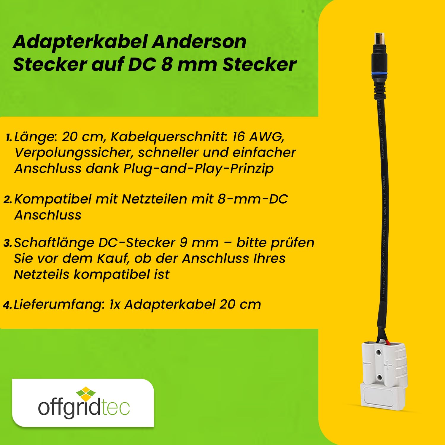 Offgridtec® Kabel adaptera Anderson wtyczka do DC-8 mm męski do modułów FSP i walizki solarnej 20 cm