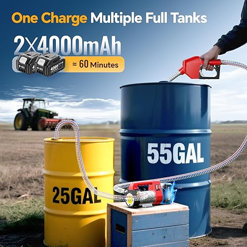 Miniatura 11 de Bomba de transferencia de combustible alimentada por batería, kit de bomba eléctrica de 12 GPM con batería de 21 V 4.0 Ah y cargador, bomba
