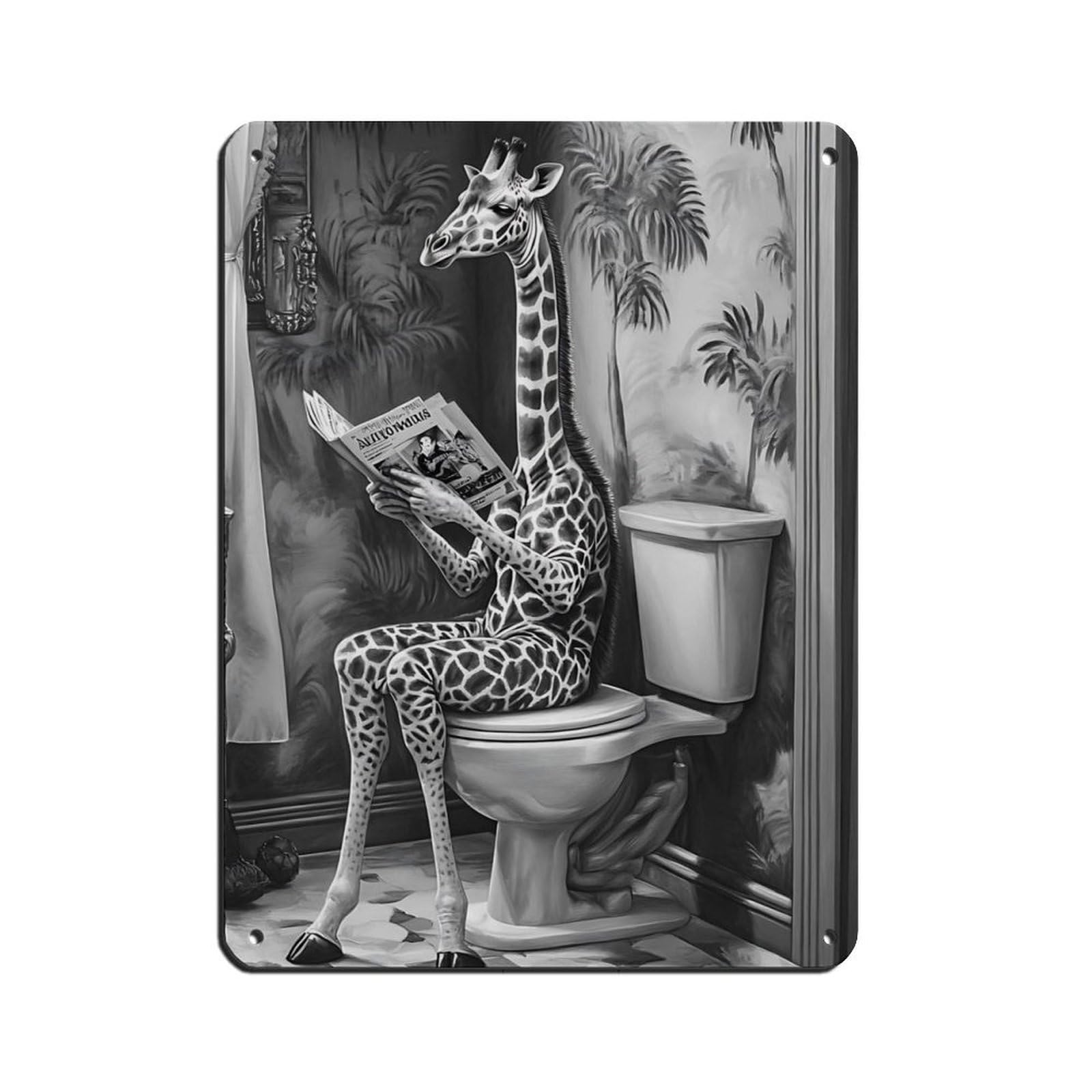 Lxwnze 30L X 40W Cm Giraffe Reading Newspaper Bathroom Retro Poster Metal Tin Sign Chic Art Retro Iron Painting Bar People Cave Cafe Family Garage Poster Wall Decoration 12X16inch(30X40cm)