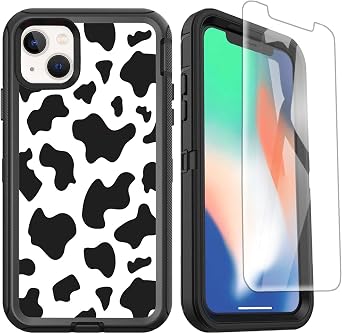 Compatible for iPhone 14 13 Case with Screen Protector for Women Girls Cute Luxury Cow Print Heavy Duty Shockproof Protective Phone Case for iPhone 13/14 6.1inch
