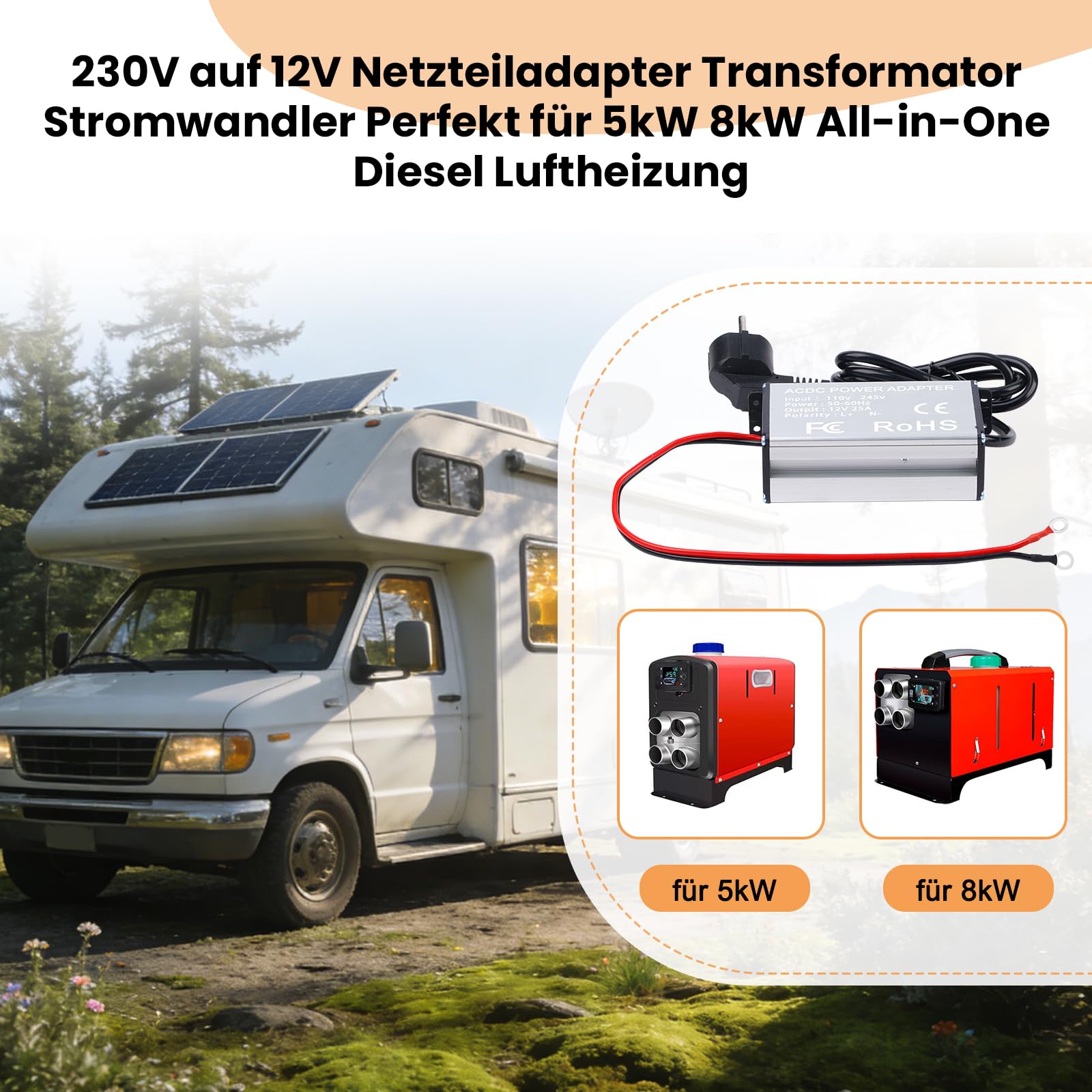Adaptateur Secteur 230V Vers 12V 15A – Alimentation Diesel 5kW 8kW Pour Chauffage Air Camper, Caravane, Camionnette Sans Batterie