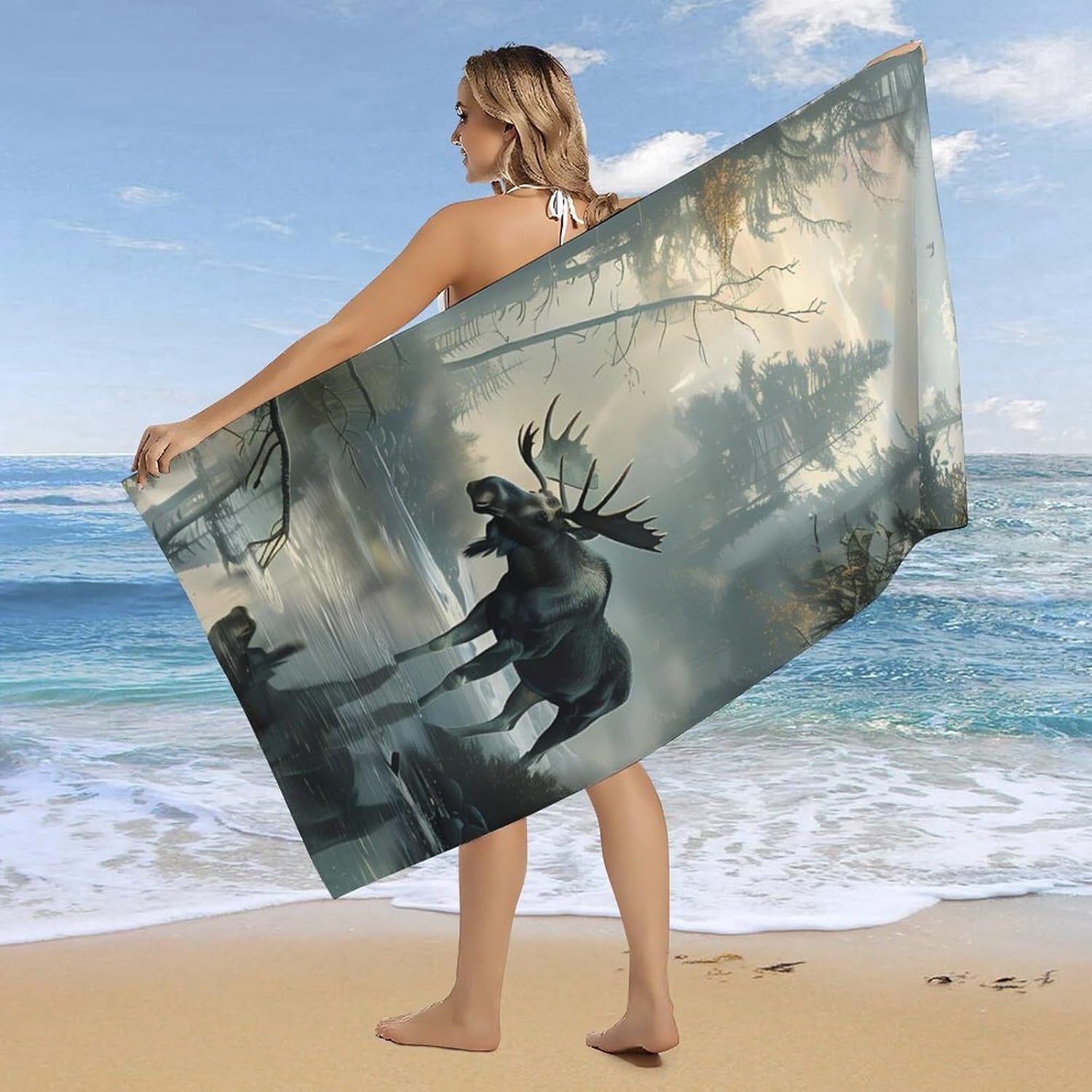 Moose Western Animal Bath Towel Beach Towels Quick Dry Oversized Bath Blanket Highly Absorbent Towel for Women Men 160x80cm