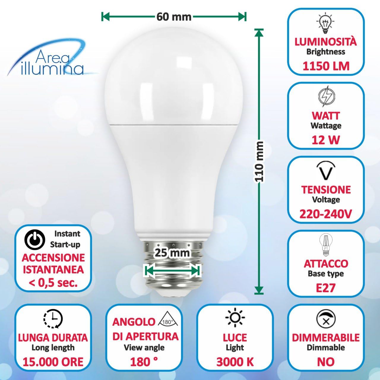 Area illumina Lampadina LED E27, 12W, 1150-1170 Lumen, 3000K/4000K/6000K, Durata 15000 Ore, 180°, Non Dimmerabile (10, Luce Calda 3000k 1150 Lumen