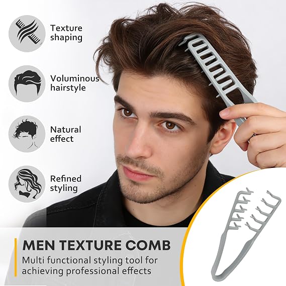 Texture Comb, 2PCS Volumizing Wide Tooth Styling Comb, Root Lift Tool for Curly Hair, Seam Cover Styling Comb for Bangs & Pony, Comb Hair Styling Hair Accessory for Men & Women (Grey)
