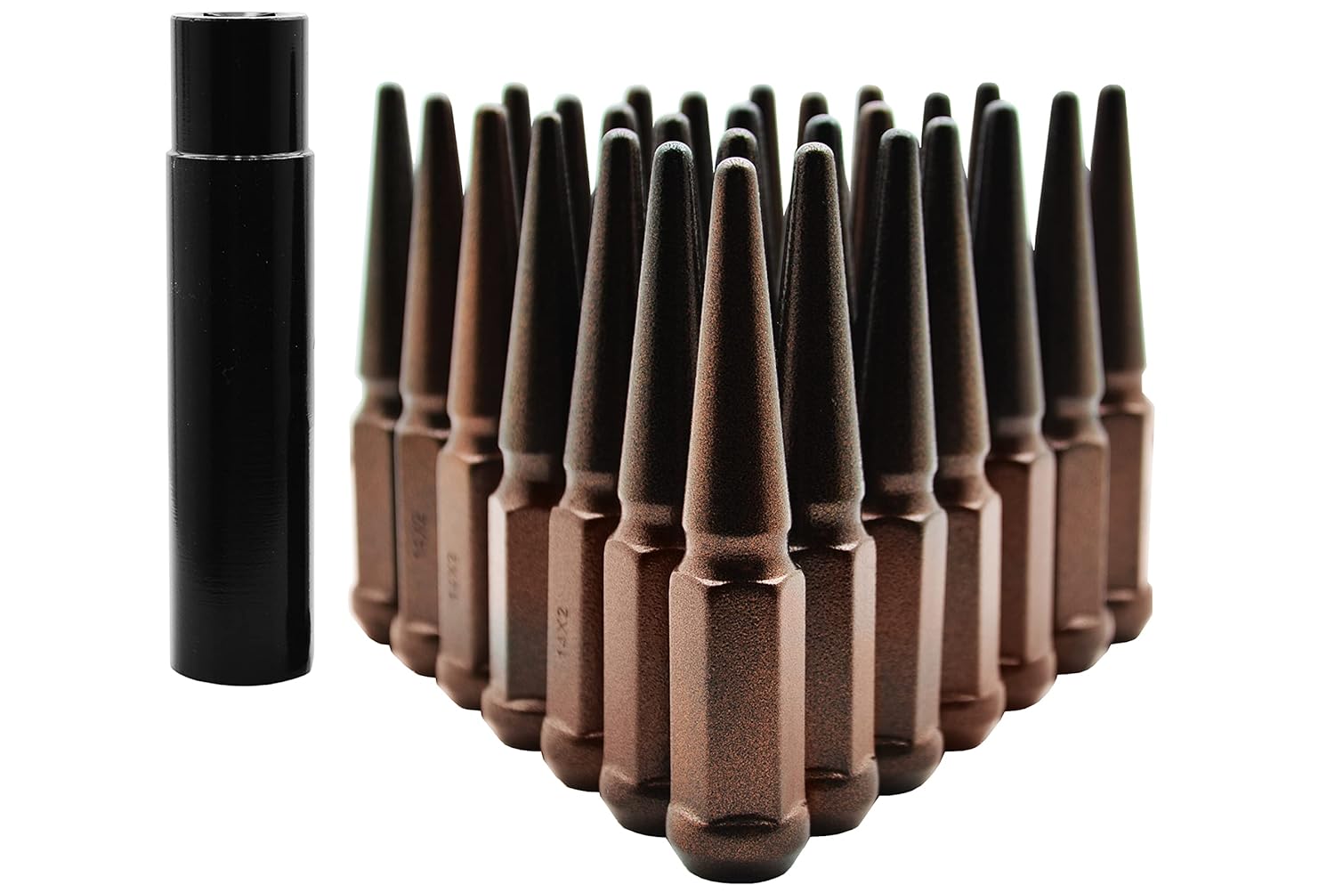 24 Pc M14x1.5 Copper Vein Spike Lug Nuts 4.5" Tall Solid 1 Piece Spiked + Key | Compatible with Chevrolet GMC Silverado Tahoe Suburban Sierra Yukon 1999-2019 All Models