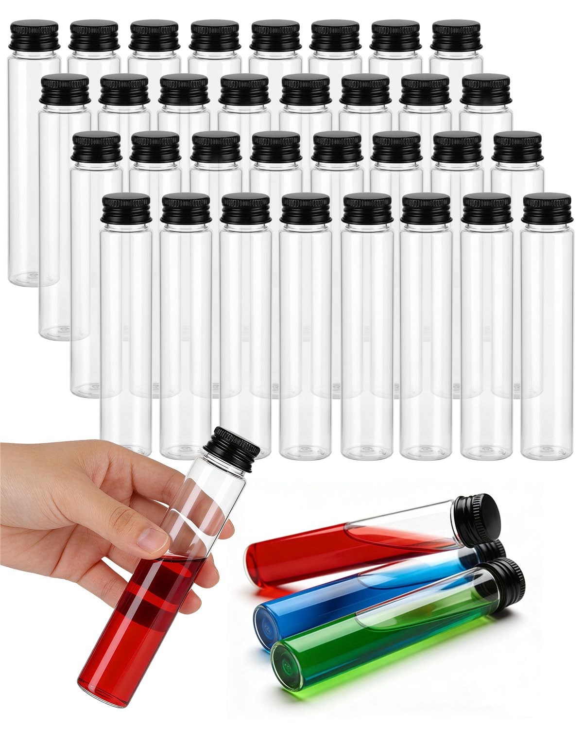 Clear Test Tubes 36 Pack with Caps, Transparent Plastic Tubes for Candy, Bath Salt, Storage, Flat Bottomed 3.7 oz Test Tubes for Crafts, Party Favors, DIY, Gift Containers, Refillable (Silver Cap)