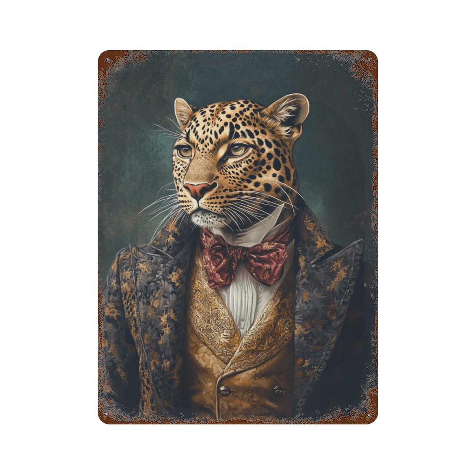 Leopard in Formal Attire Rusty Metal Tin Sign 15.7"x11.8", Vintage Wall Decor for Garage, Pub Or Kitchen