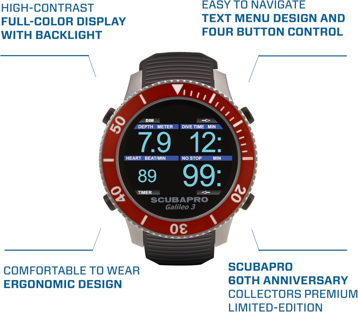 SCUBAPRO G3 Wrist Scuba Dive Computer, 60th Anniversary Edition with Bluetooth® and Watch-Style Color Display, Includes Wooden Collector's Box, Tag, Silicone Arm Strap, USB Cable, Dongle, Lanyard