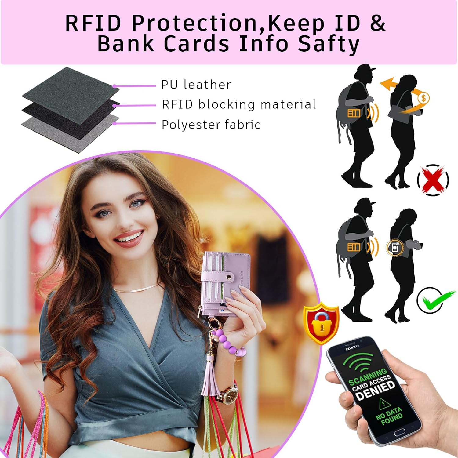 BAOSIWA Silicone Bracelet Keychain Wallet for Women Wristlet Card Holder Slim RFID Wallet with Zipper Pocket - Image 4