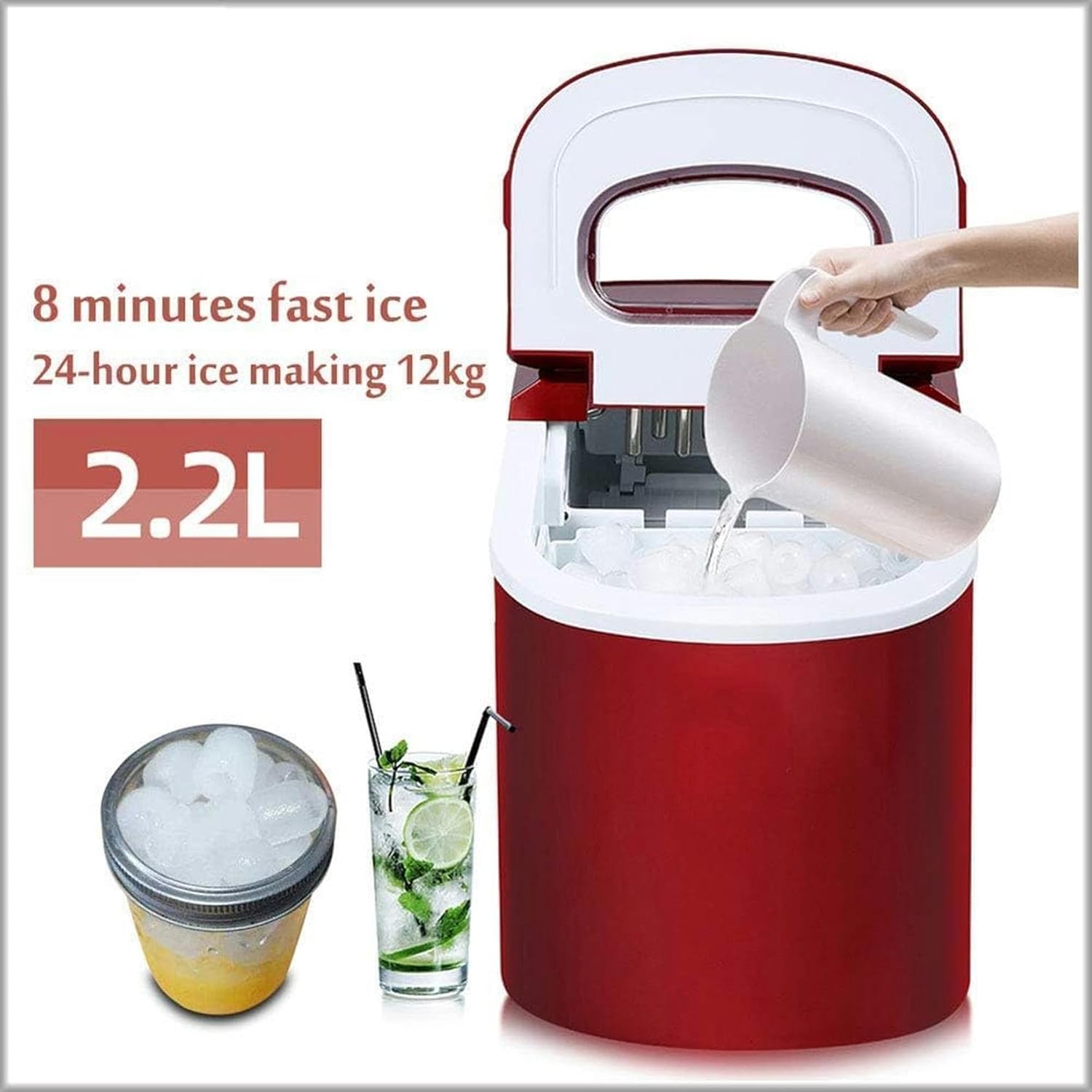 Electric Ice Maker Machine,Portable Automatic Ice Cube Maker,Household Ice Cube Machine Ready in 6 13 Minutes 12kg 24H (Red)