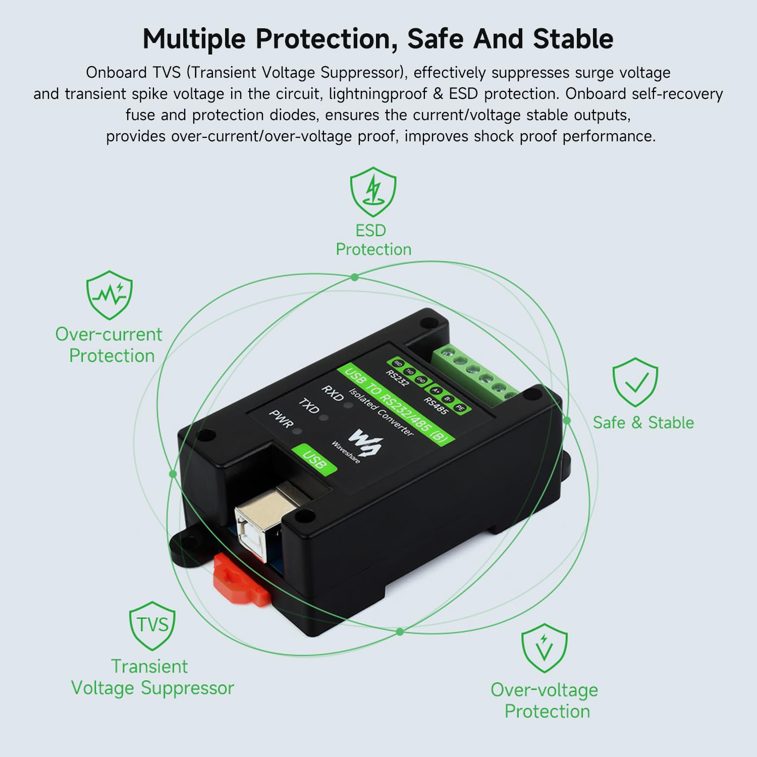 Waveshare USB To RS232/485 Industrial Grade Isolated Converter, Onboard Original FT232RNL Chip, Multiple Protection, Wall-Mount And Rail-Mount Support
