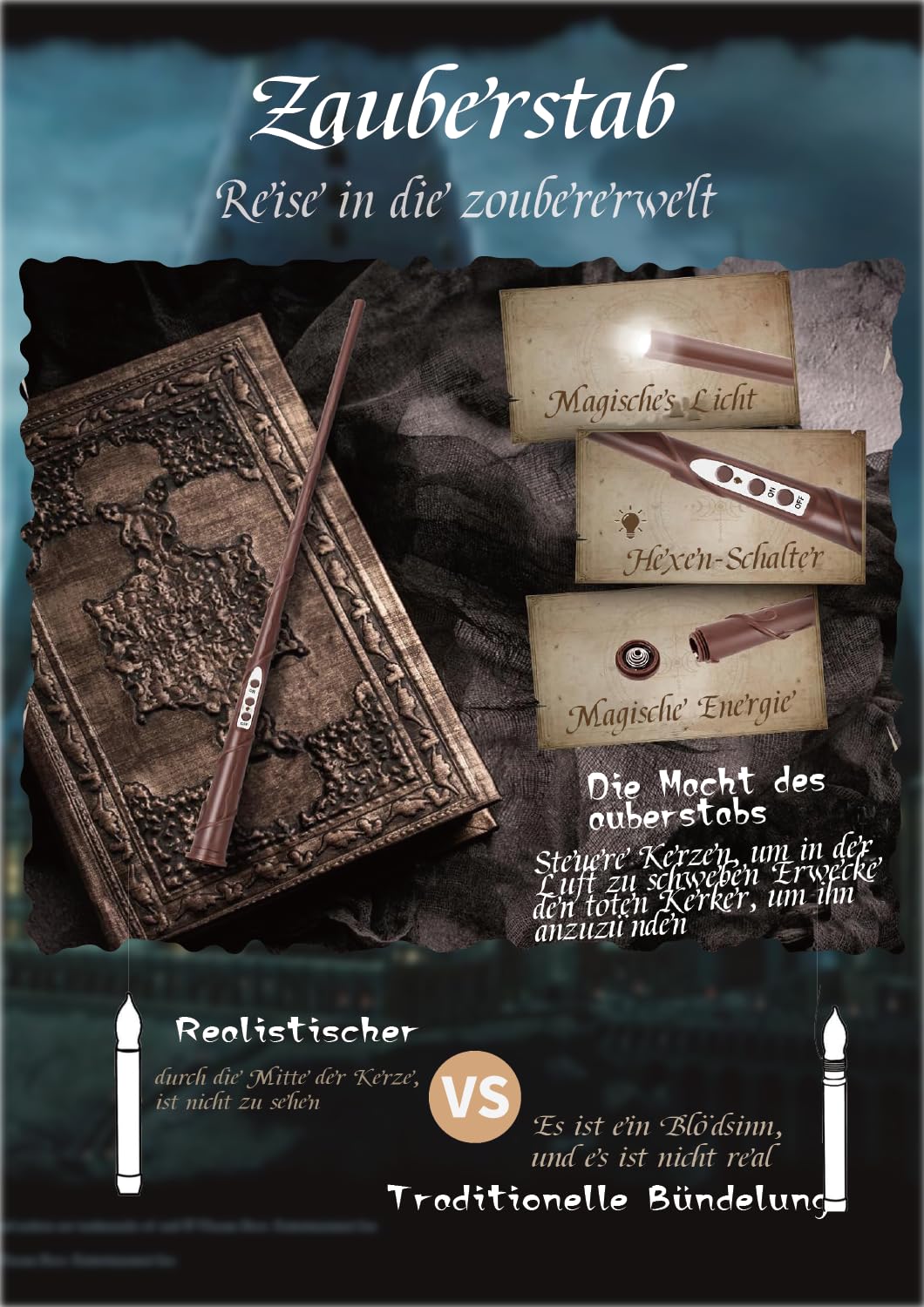Candela sospesa con telecomando a bacchetta magica, 20 magiche candele galleggianti per streghe, calda candela conica gialla senza fiamma, funzionamento a batteria, candela per finestre a LED per