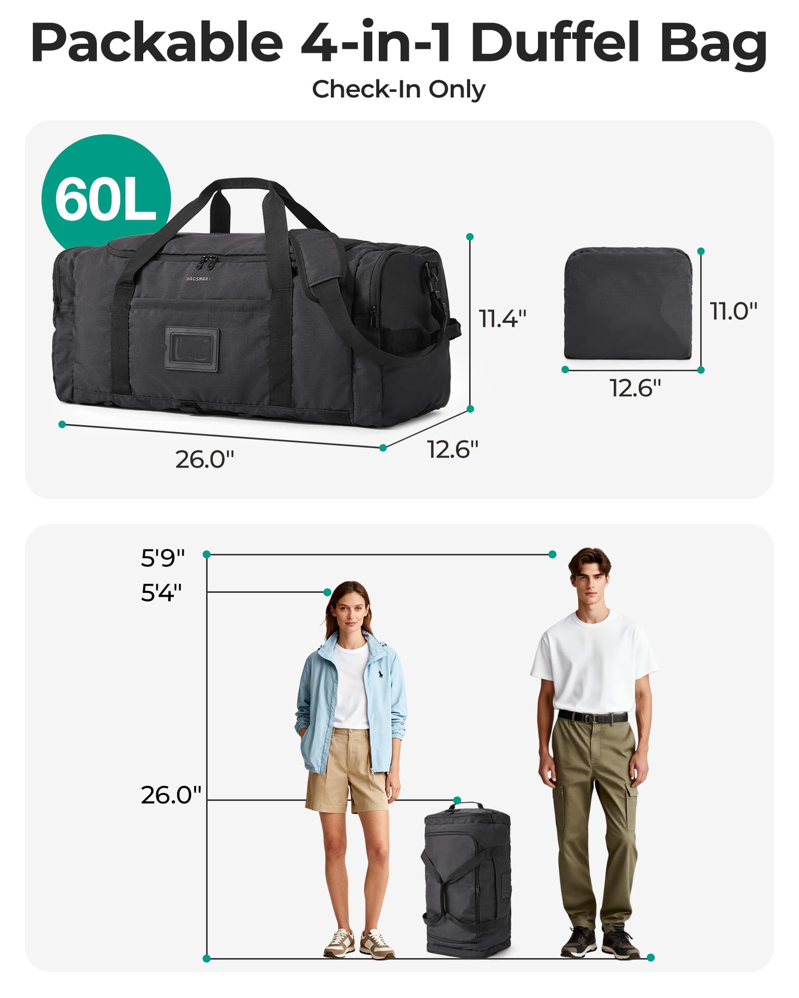 BAGSMART Faltbare Reisetasche Große, 60L Leicht 4 in 1 Reisetaschen Herren Damen Sporttasche Weekender Travel Bag Reise-Rucksack Handgepäck Duffle Bag, Schwarz