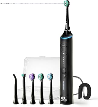 Electric Toothbrush with Water Flosser Combo 2 in 1, Dual Motor Sonic Flossing Toothbrush for Adults, Professional Cordless Rechargeable Oral Care Kit for Braces & Travel | Black